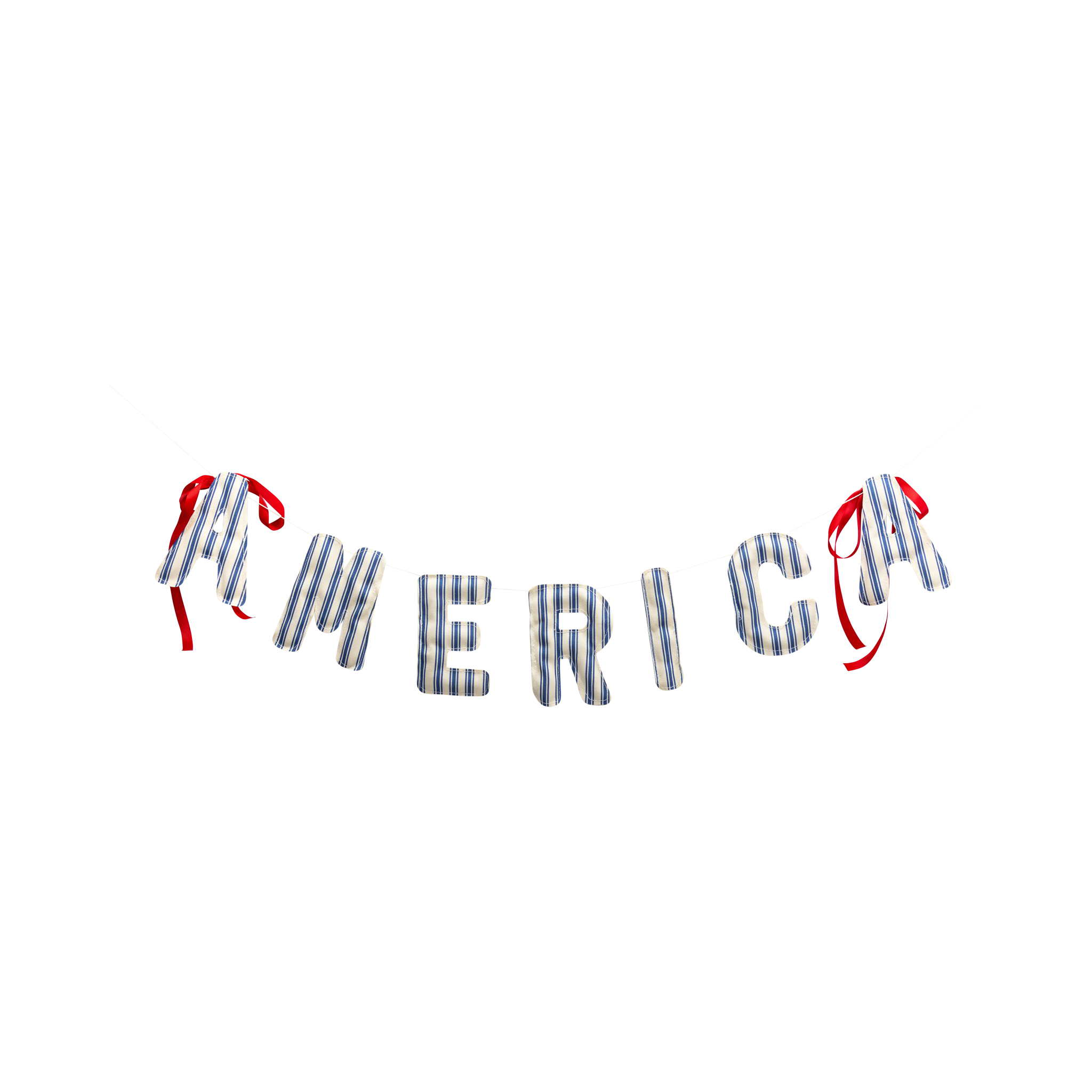 Product shot of AMERICA puffy fabric letter banner with red ribbon ties on white background