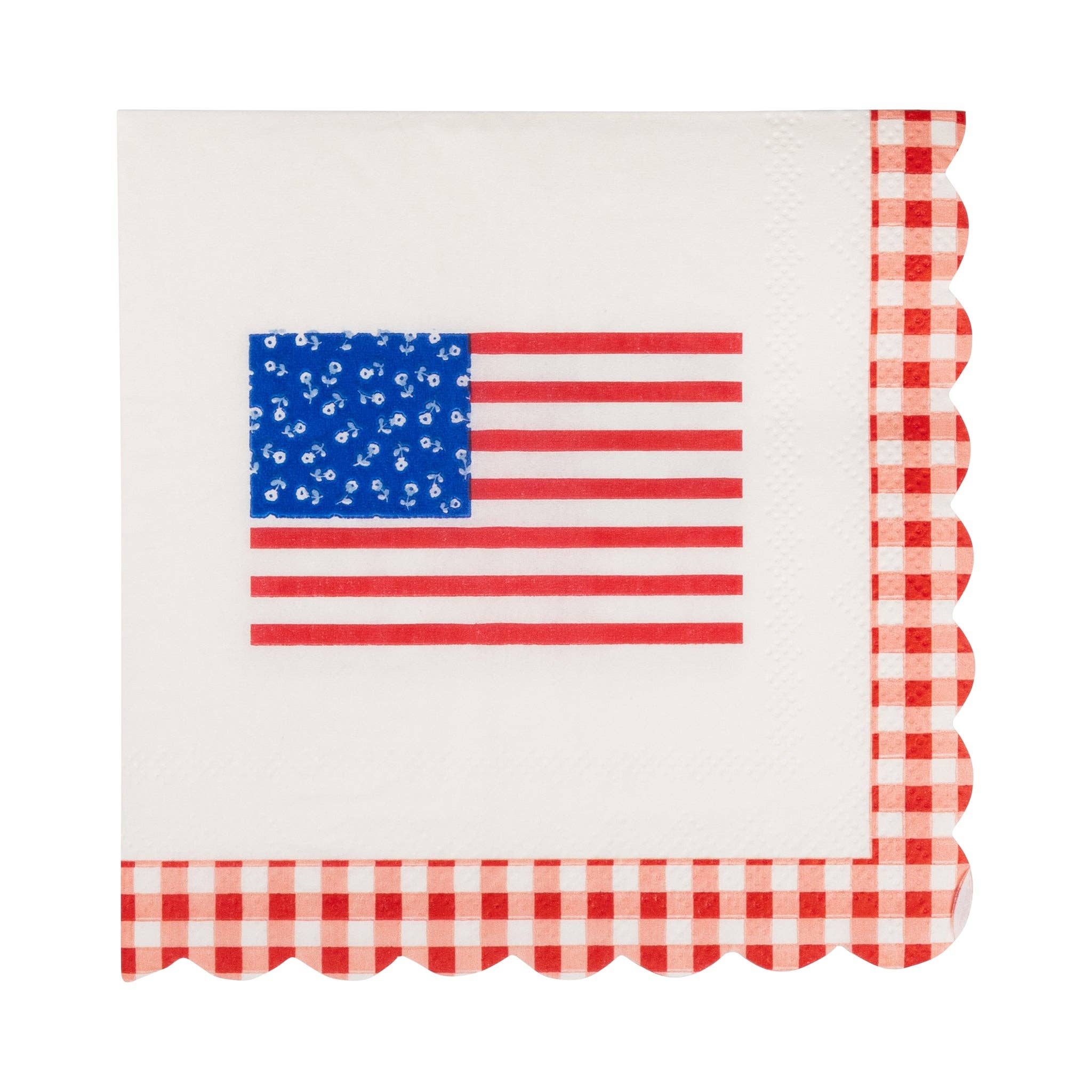 Flat lay of single American flag paper cocktail napkin showing ditsy floral blue field, red stripes, and red gingham scalloped edge