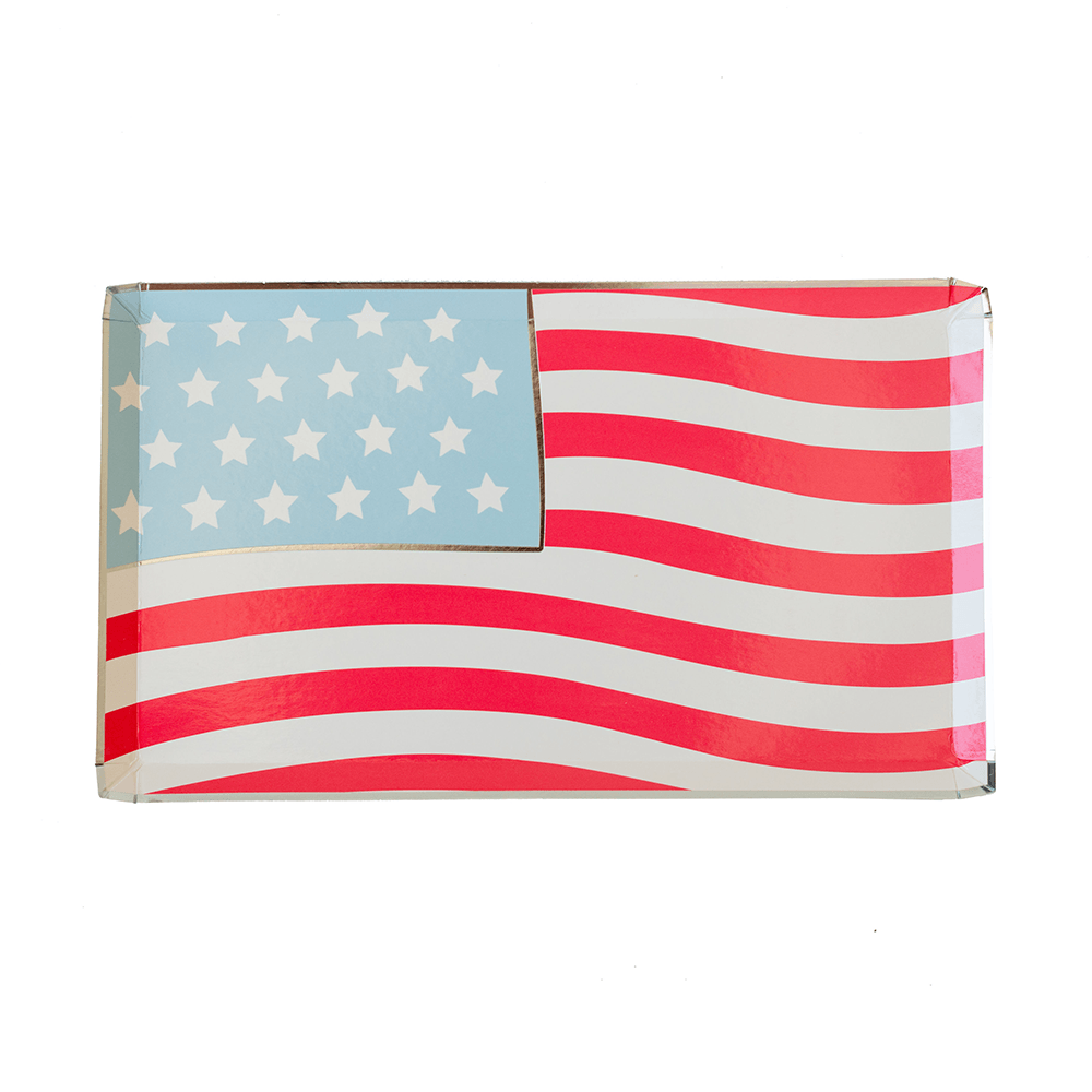 American flag shaped dinner plate with red white and blue design