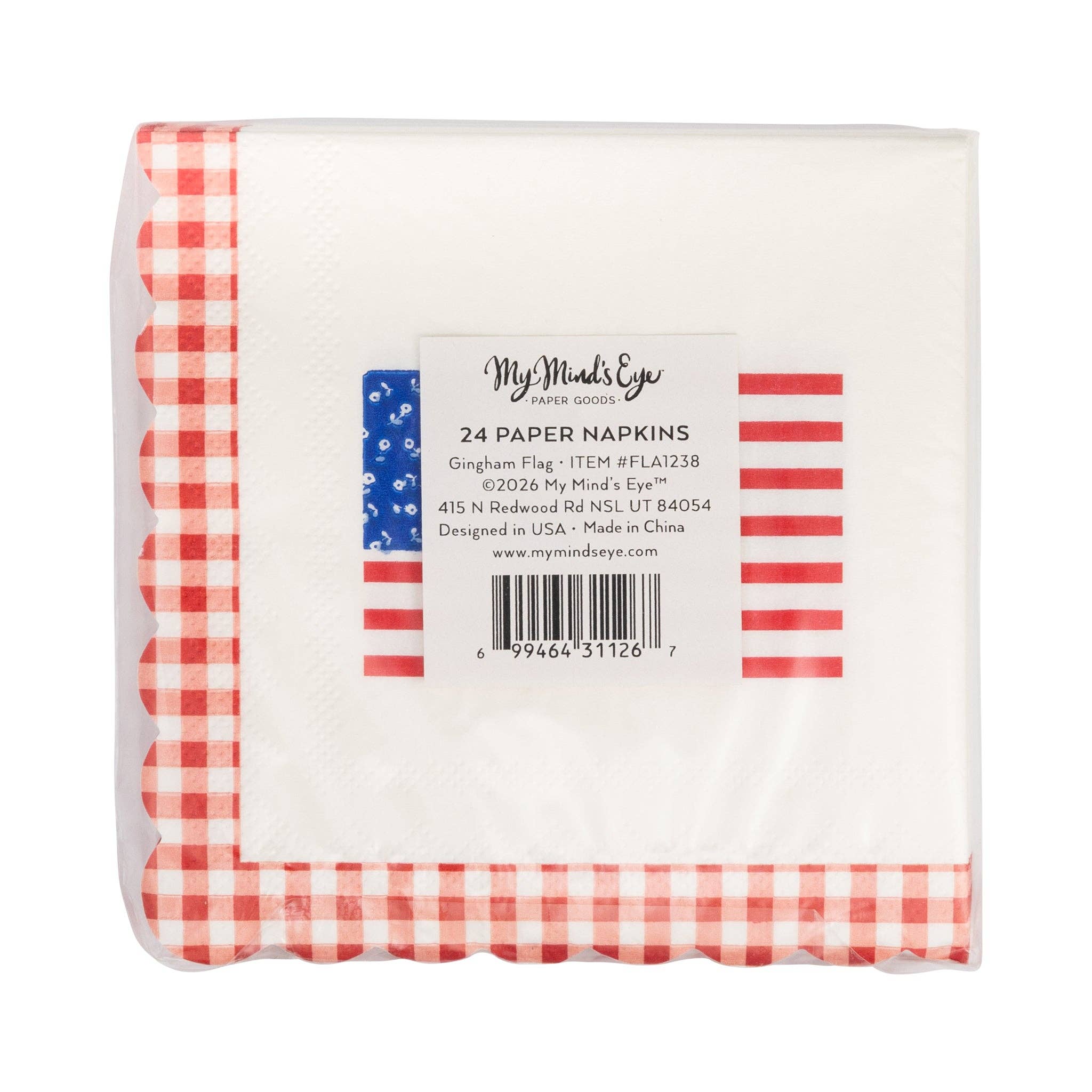 Back of packaging for American flag gingham paper cocktail napkins showing product label and barcode on cellophane-wrapped stack
