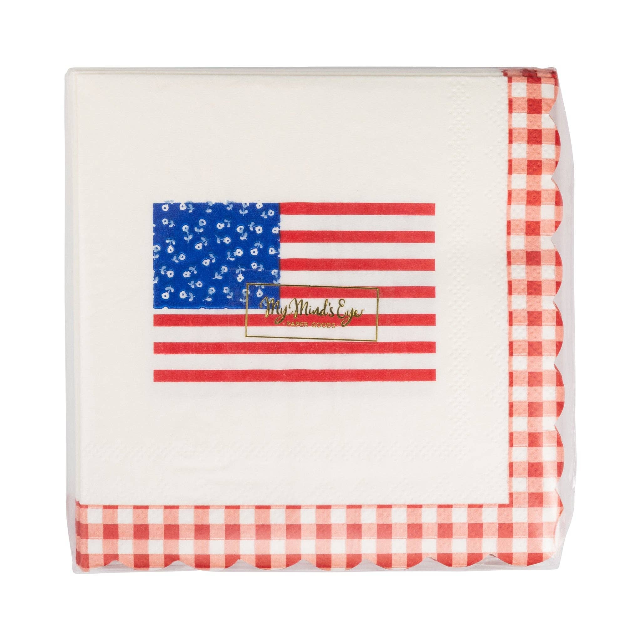 Front of packaging for American flag paper cocktail napkins with ditsy floral blue field and red gingham scalloped border