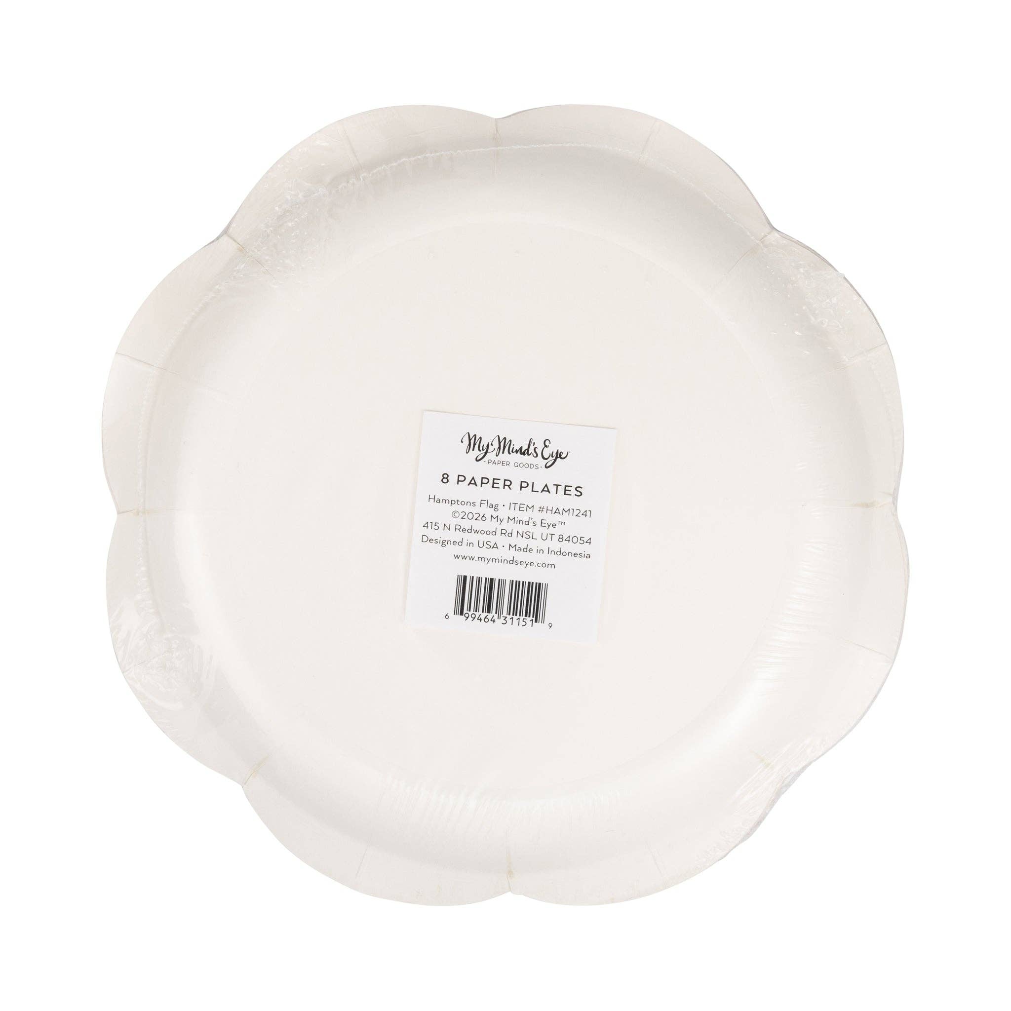 Back of American flag scalloped paper plate showing product label — 8 count, 8" size