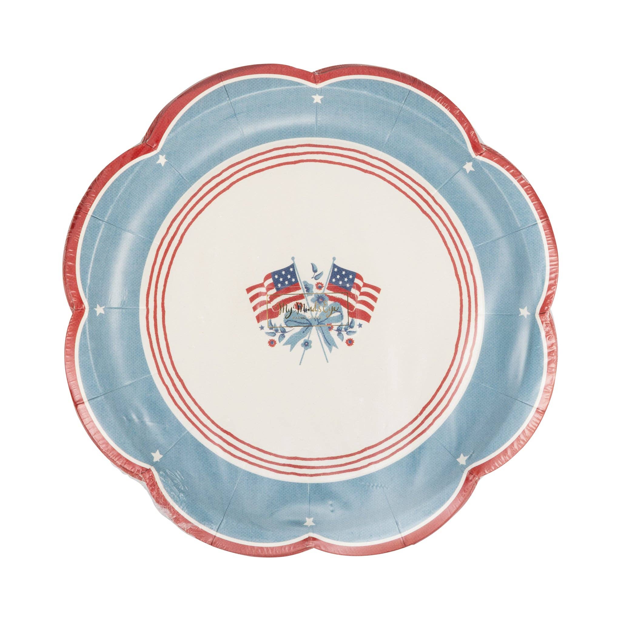 Single American flag scalloped paper plate showing crossed flags with blue ribbon, chambray blue border with white stars, and red scalloped rim — slightly smaller size
