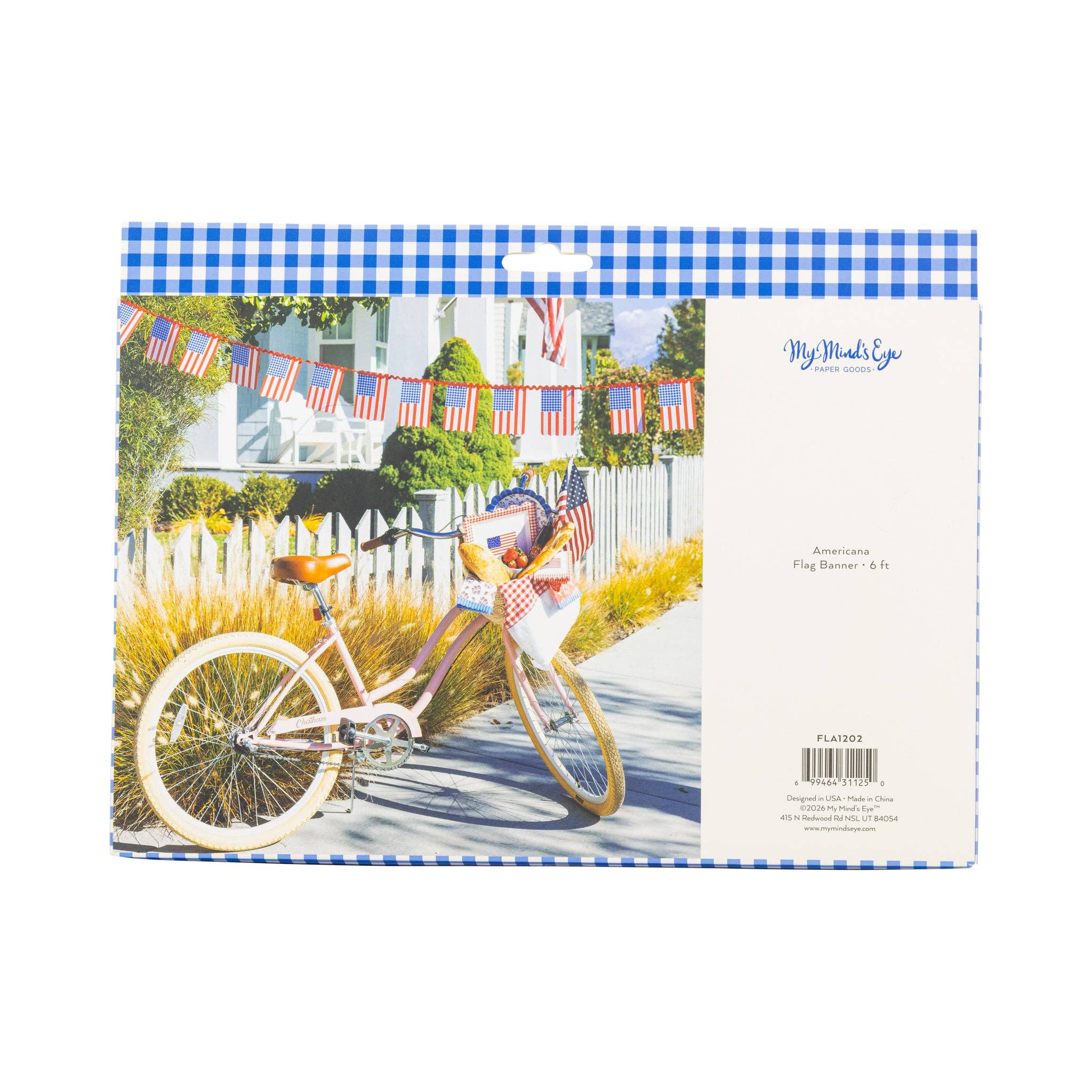 Back of retail packaging for the Americana flag banner showing product photo, blue gingham border, and product details