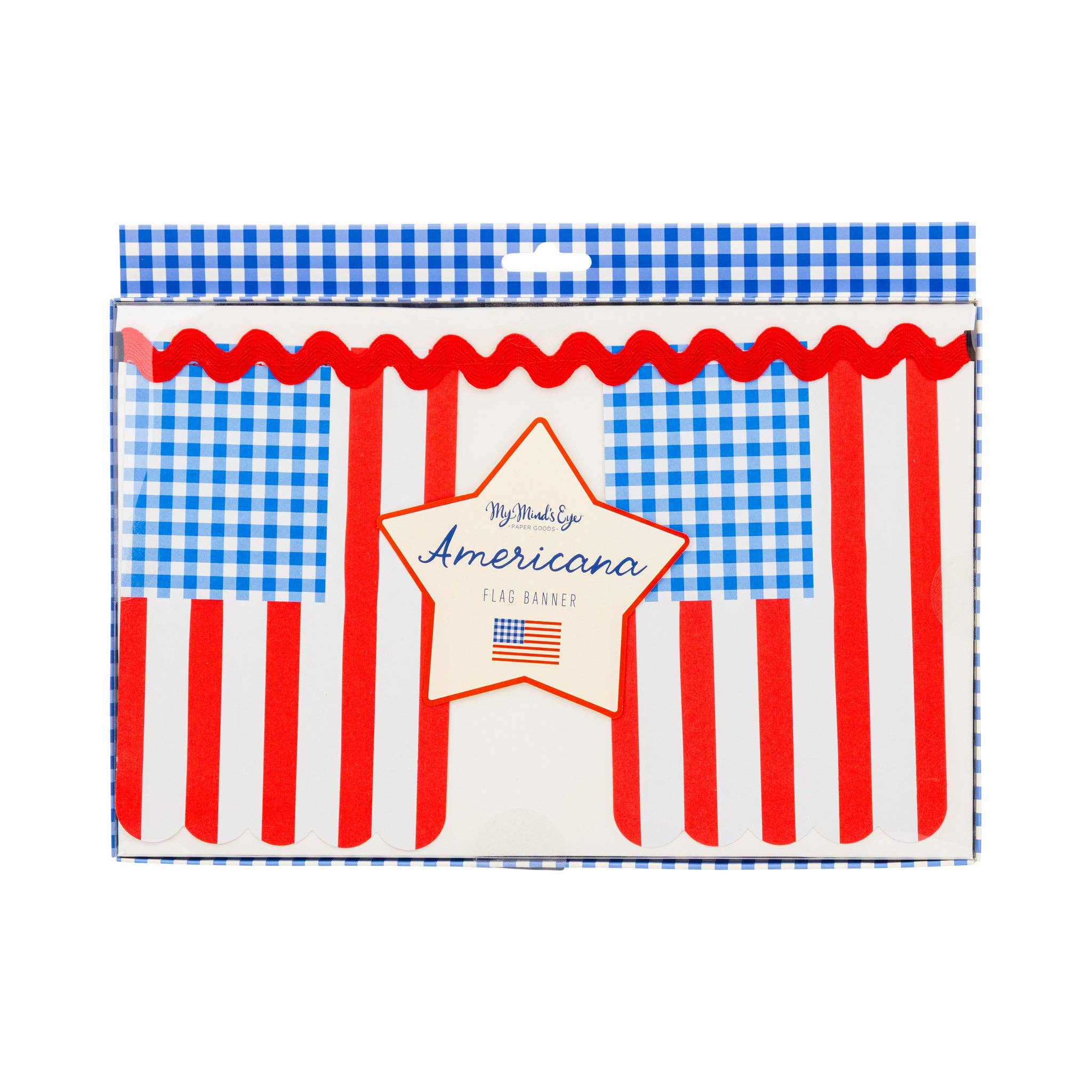 Front of retail packaging for the Americana flag banner showing blue gingham border, red ric-rac detail, and star-shaped product label