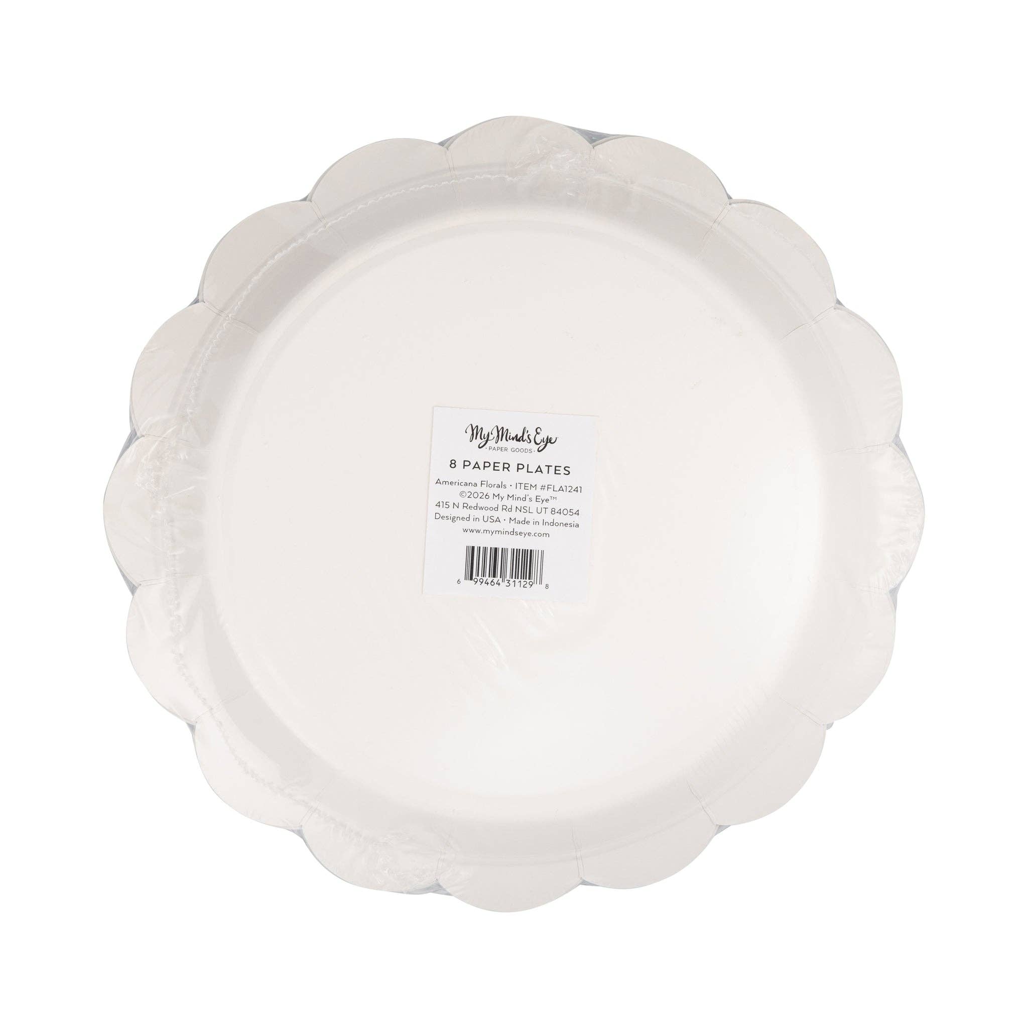 Back of Americana floral scalloped paper plate stack showing 8-count label