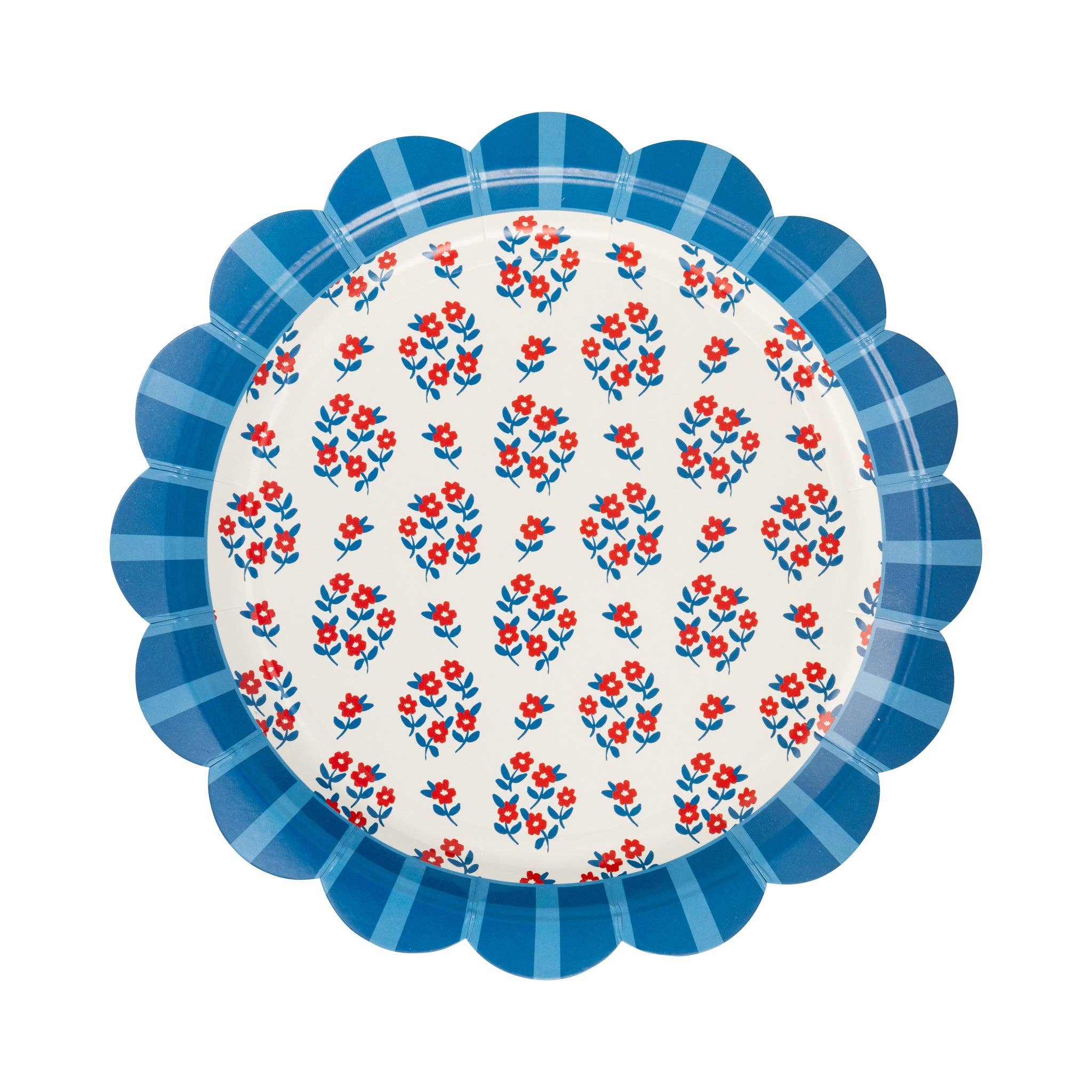Single Americana floral scalloped paper plate flat lay showing red flowers with blue leaves and deeper blue gingham scalloped border