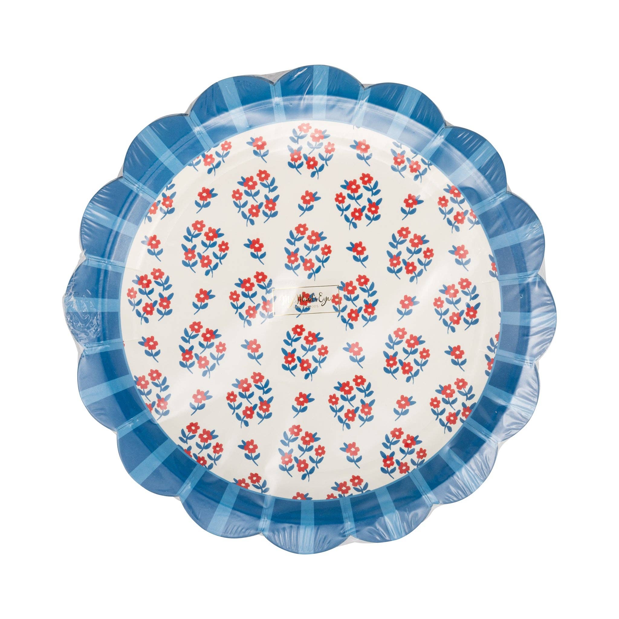 Front of Americana floral scalloped paper plate showing red flowers with blue leaves and blue striped scalloped border (lighter blue design)