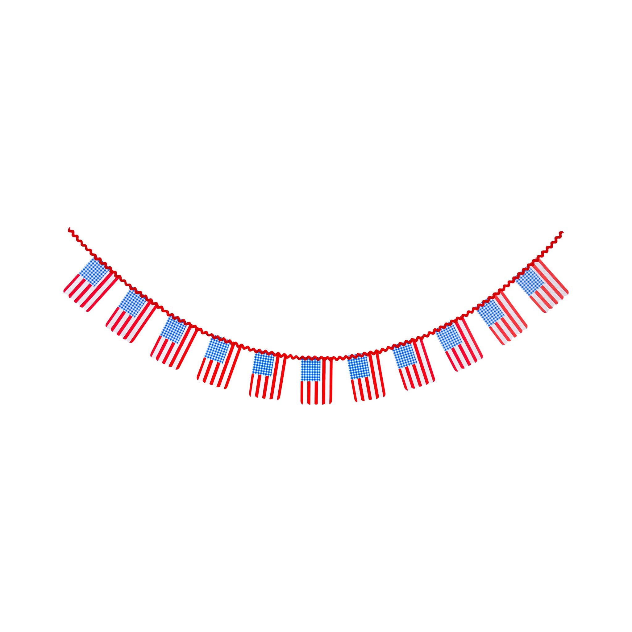 Flat lay of the full Americana gingham and stripe flag banner on a white background showing all eleven flags on red ric-rac ribbon