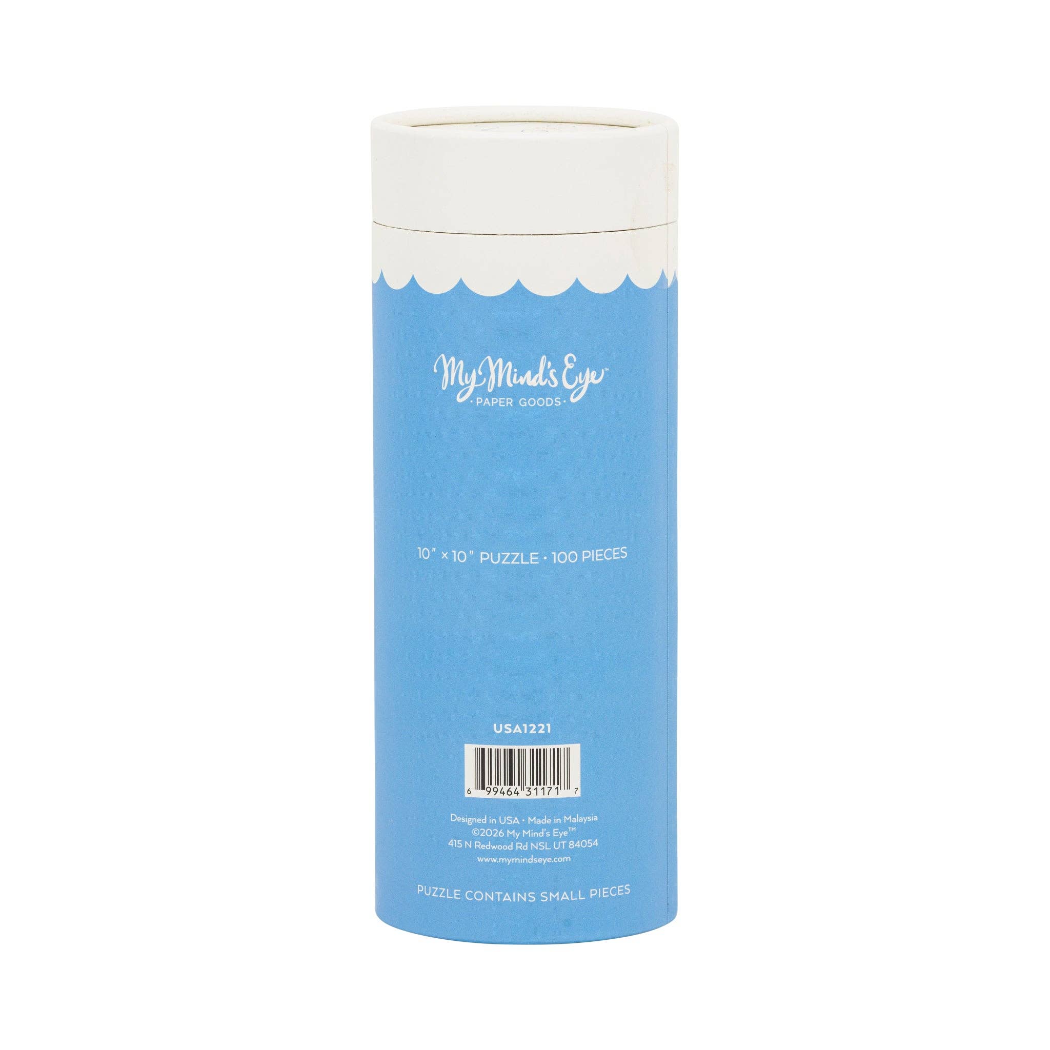 Back of a light blue gift tube for the Americana jigsaw puzzle showing 10 inch by 10 inch puzzle, 100 pieces, My Minds Eye branding, and item number USA1221