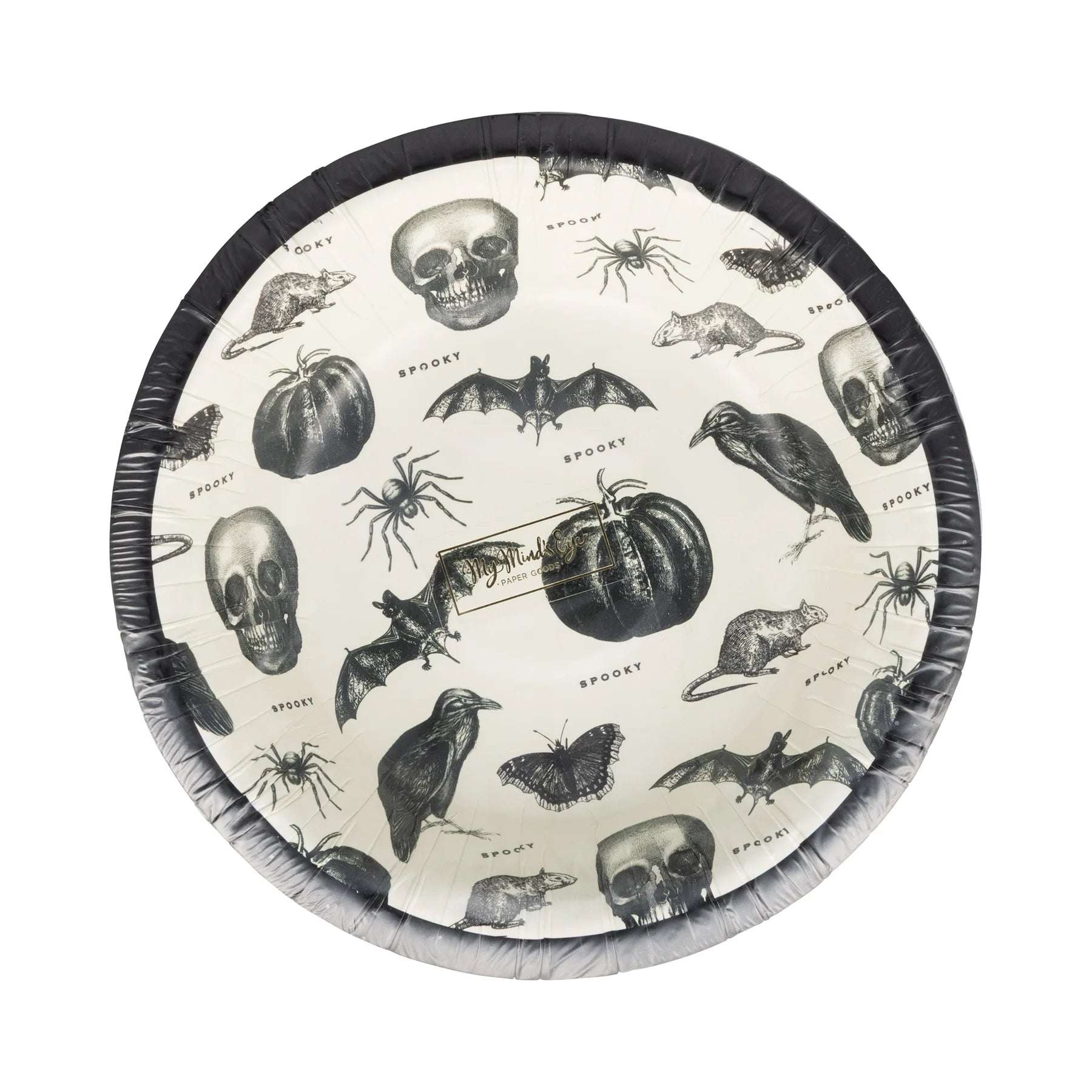 Round bowl with Halloween-themed design featuring skulls, pumpkins, and bats on a white background.