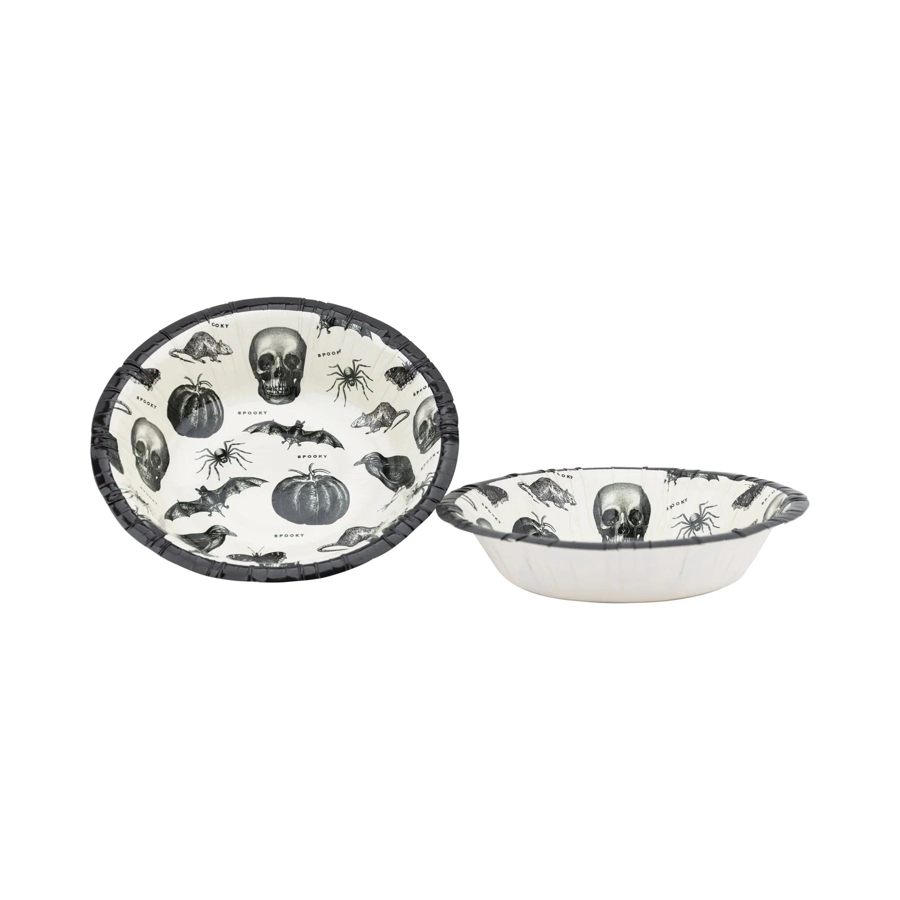 Two Halloween-themed paper bowls with skull and pumpkin designs on a white background.