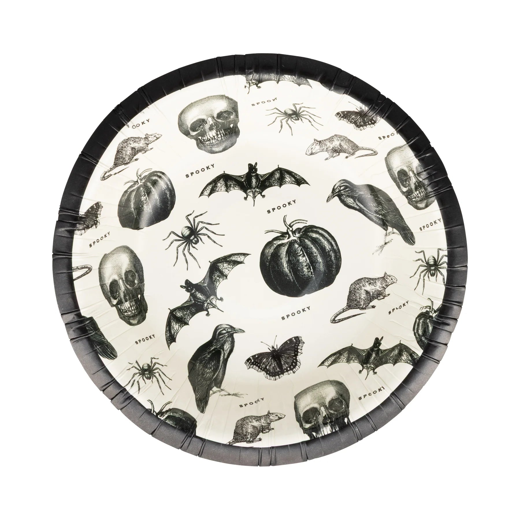 Halloween-themed paper bowl with black and white illustrations of skulls, bats, pumpkins, and rats on a white background.