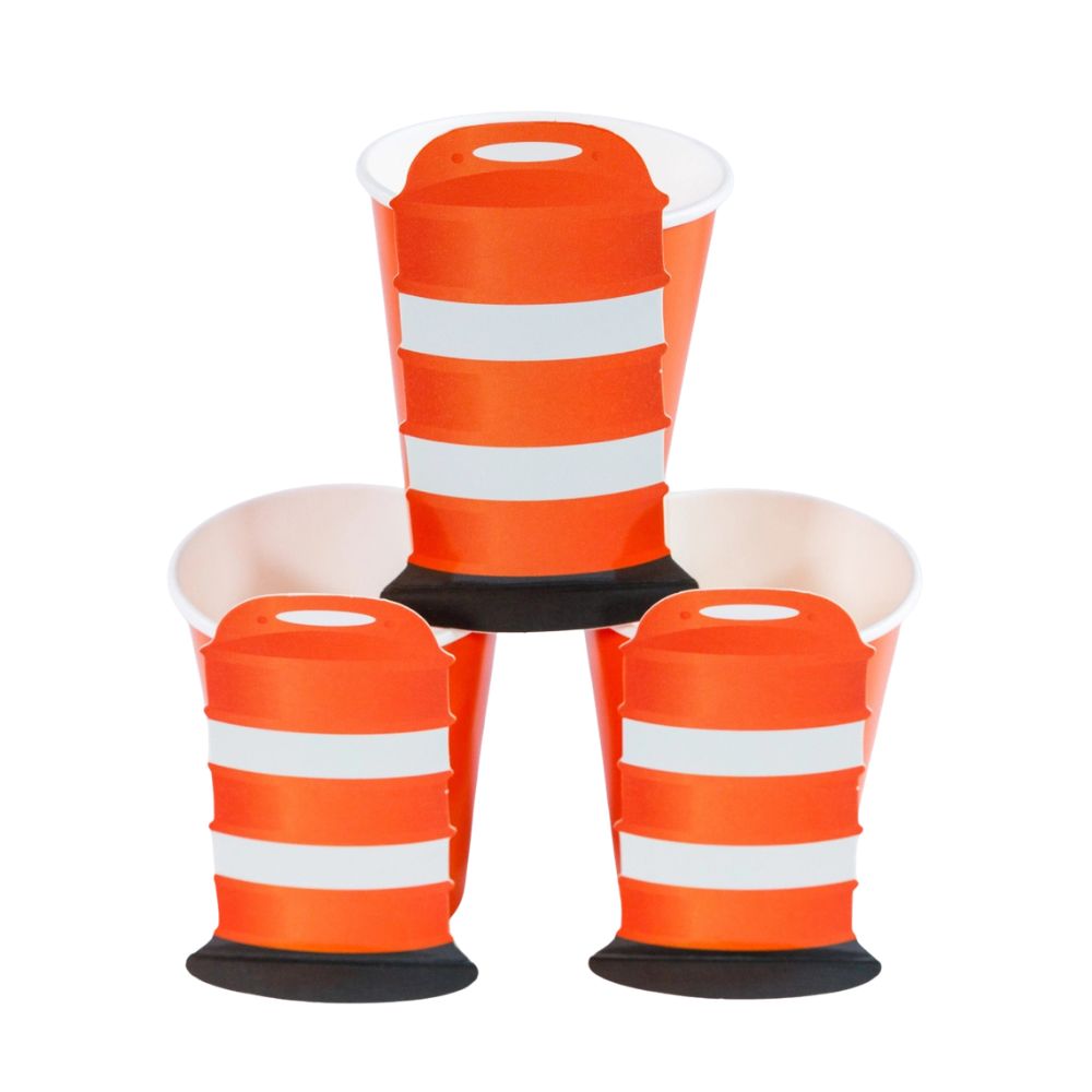 three assembled construction barricade cups on white background