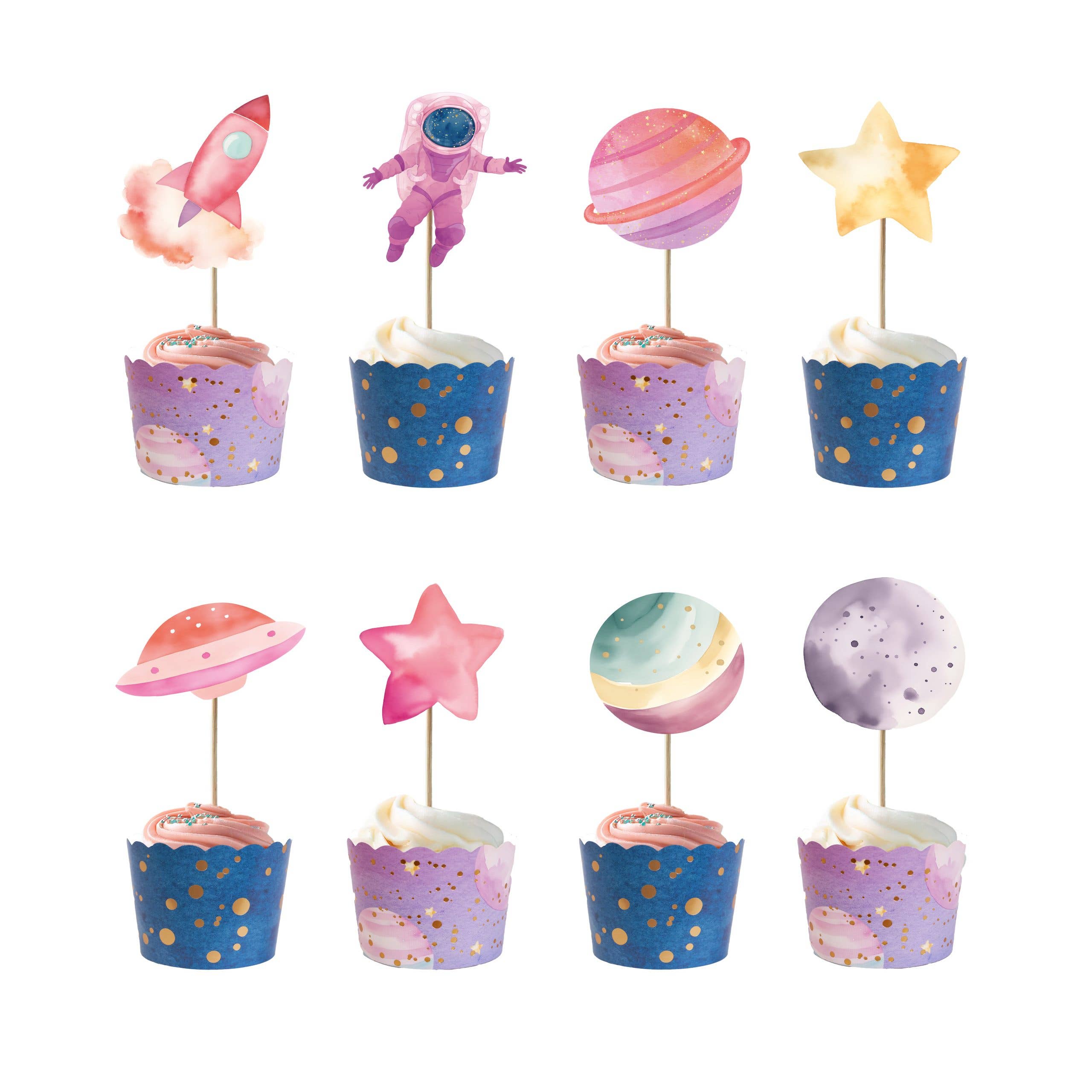 astronaut girl cupcake topper set with rocket, planet, and star designs