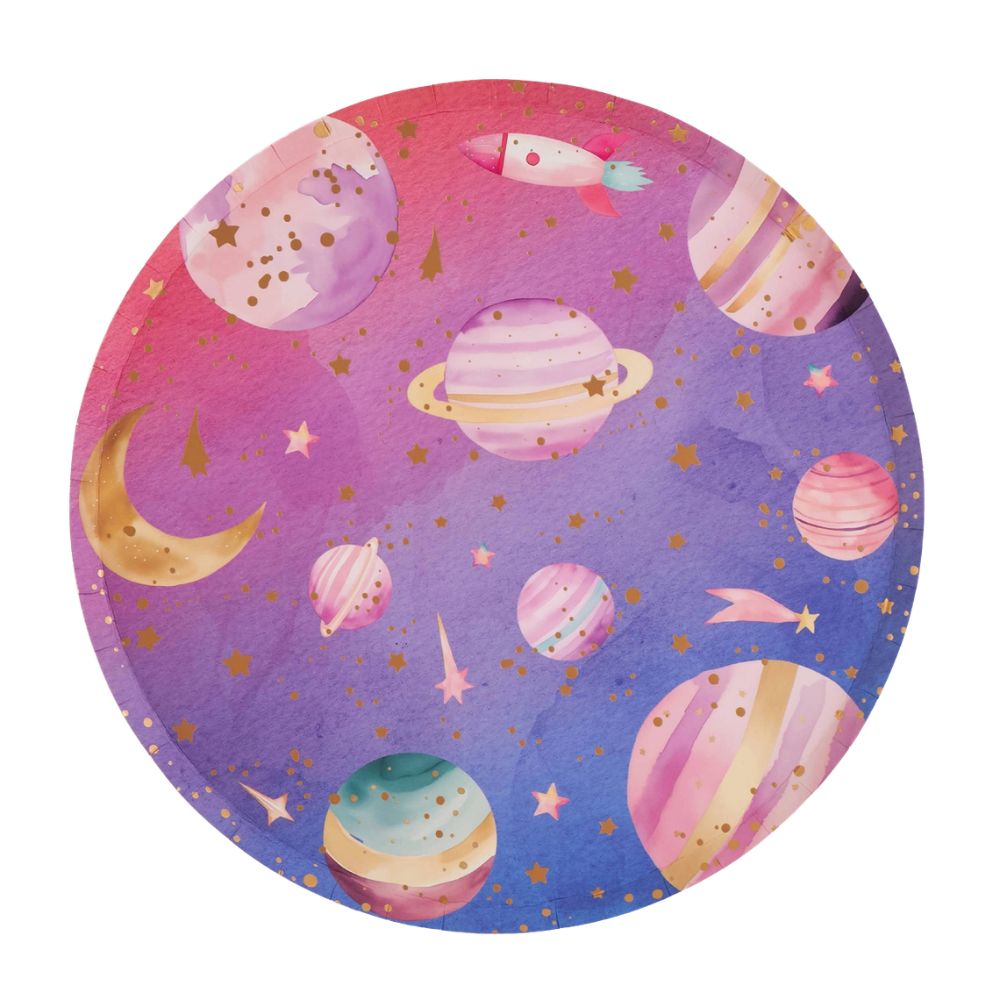 8 inch galaxy paper plate with planets stars and rocket design