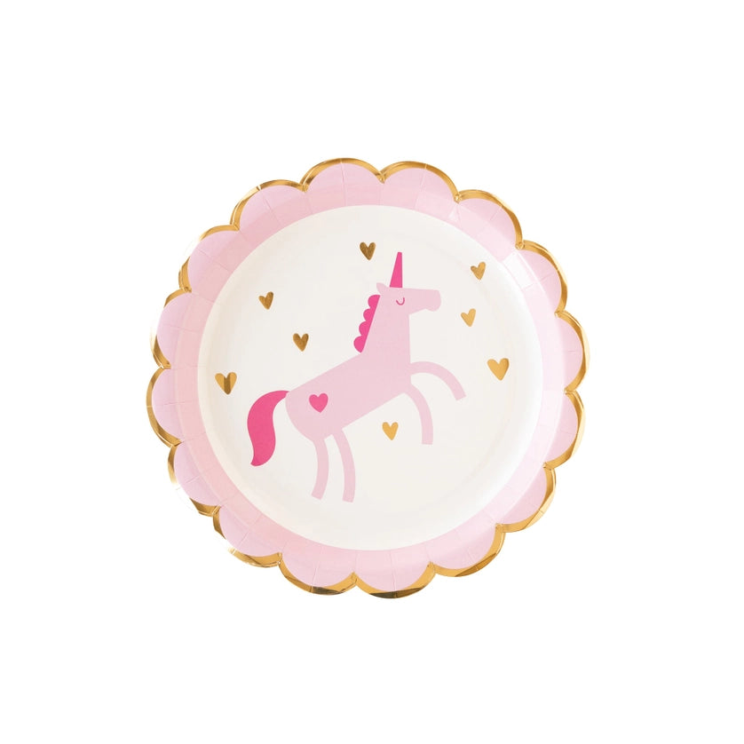 Single 9-inch pink unicorn plate showing gold hearts and blush rim.