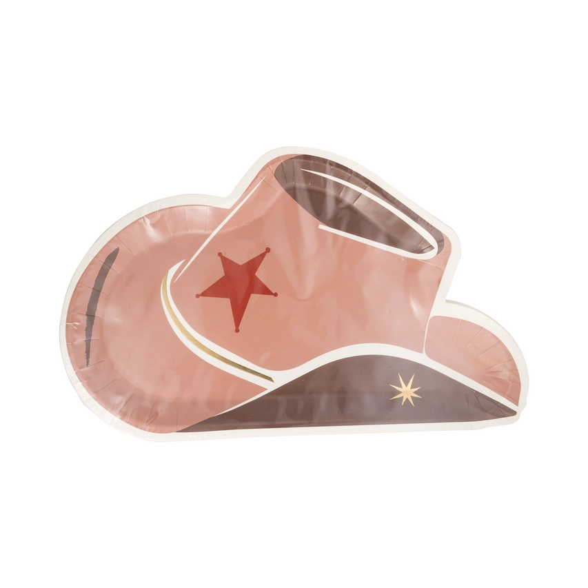 Close‑up straight‑on of single tan cowboy hat plate on transparent background.