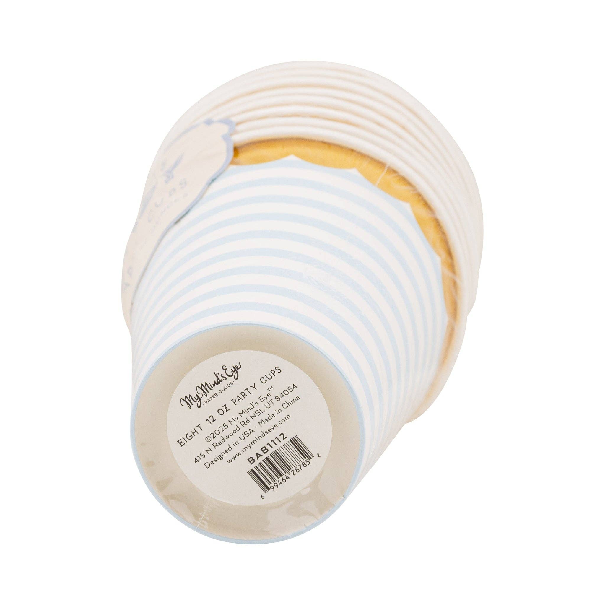 Bottom view of baby blue striped disposable party cups