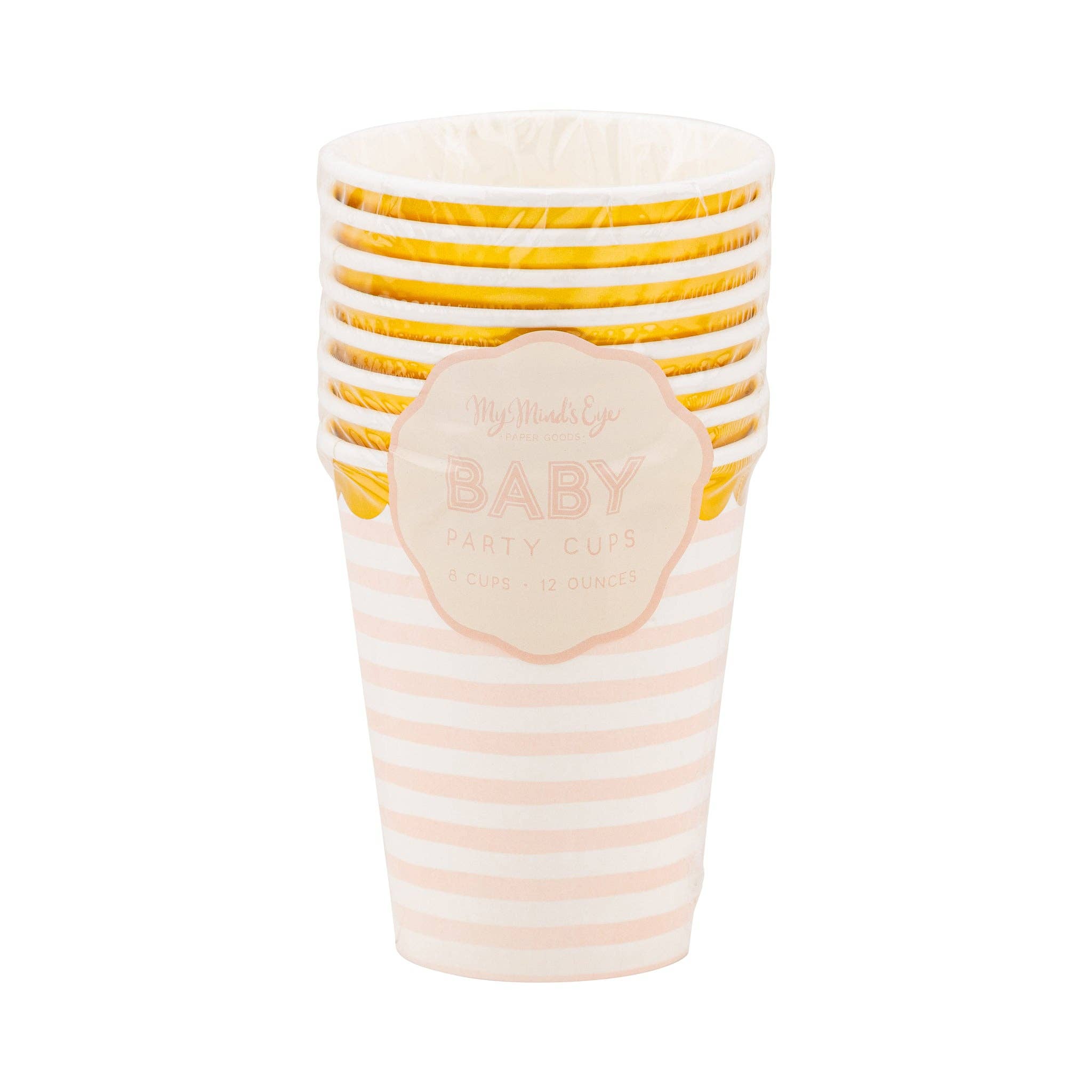 Packaged baby pink party cups with gold foil details visible