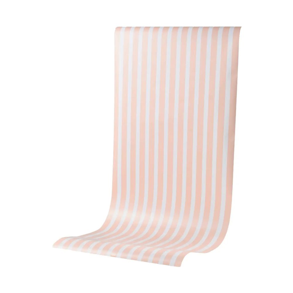 Baby pink striped table runner rolled out on white background
