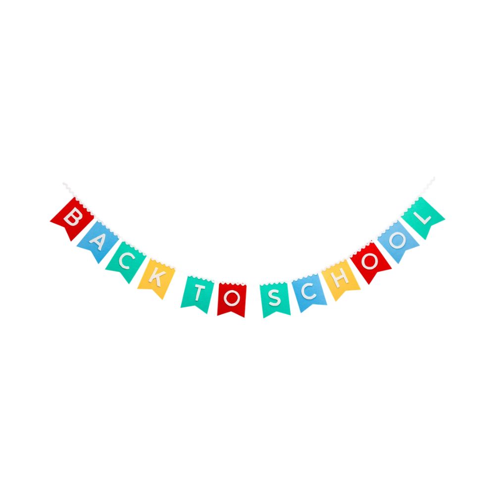 Back to school felt banner with colorful pennant letters on white background.