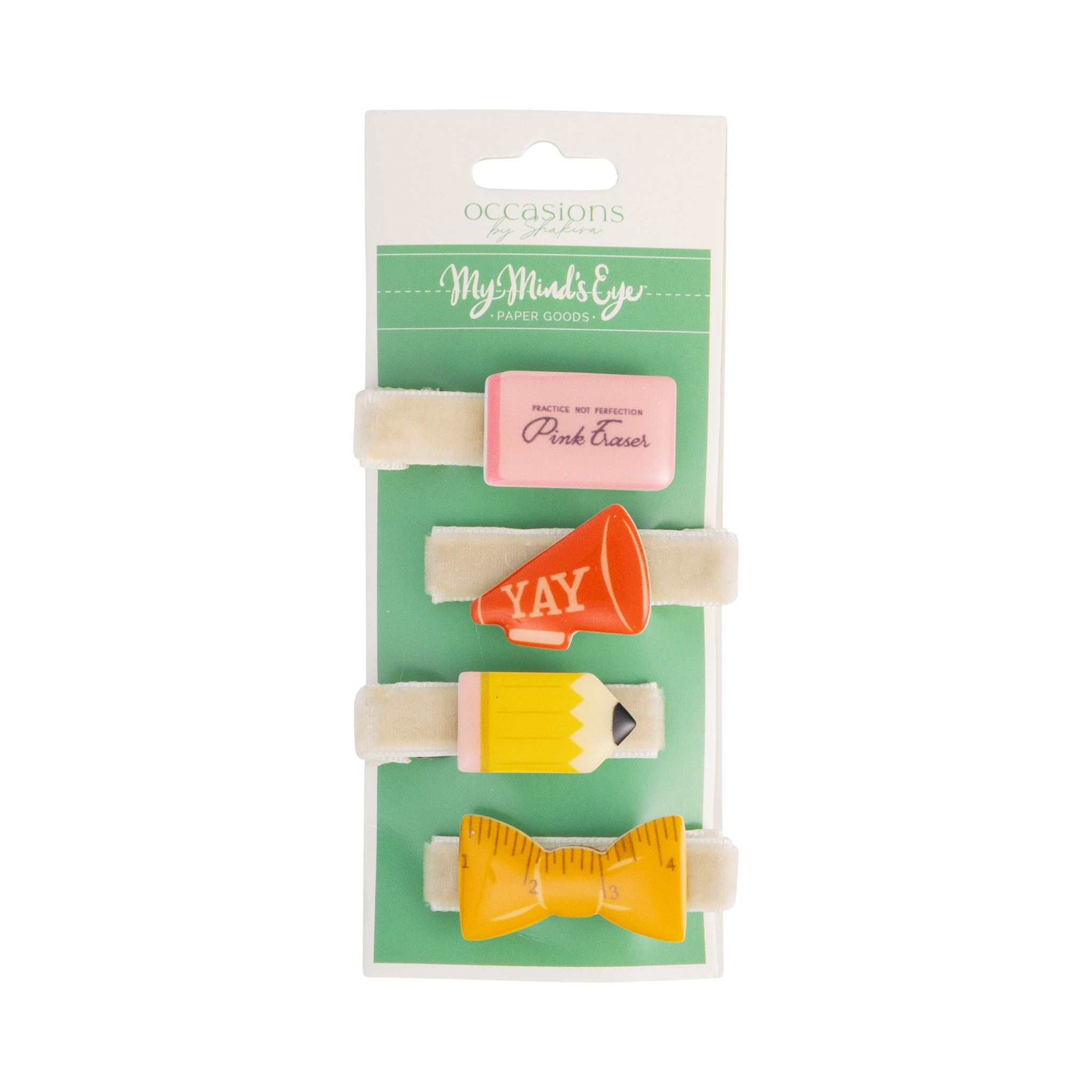 Front view of back to school hair barrette set packaging with four designs — pink eraser, red megaphone, yellow pencil, and yellow ruler bow — displayed on cream velvet alligator clips