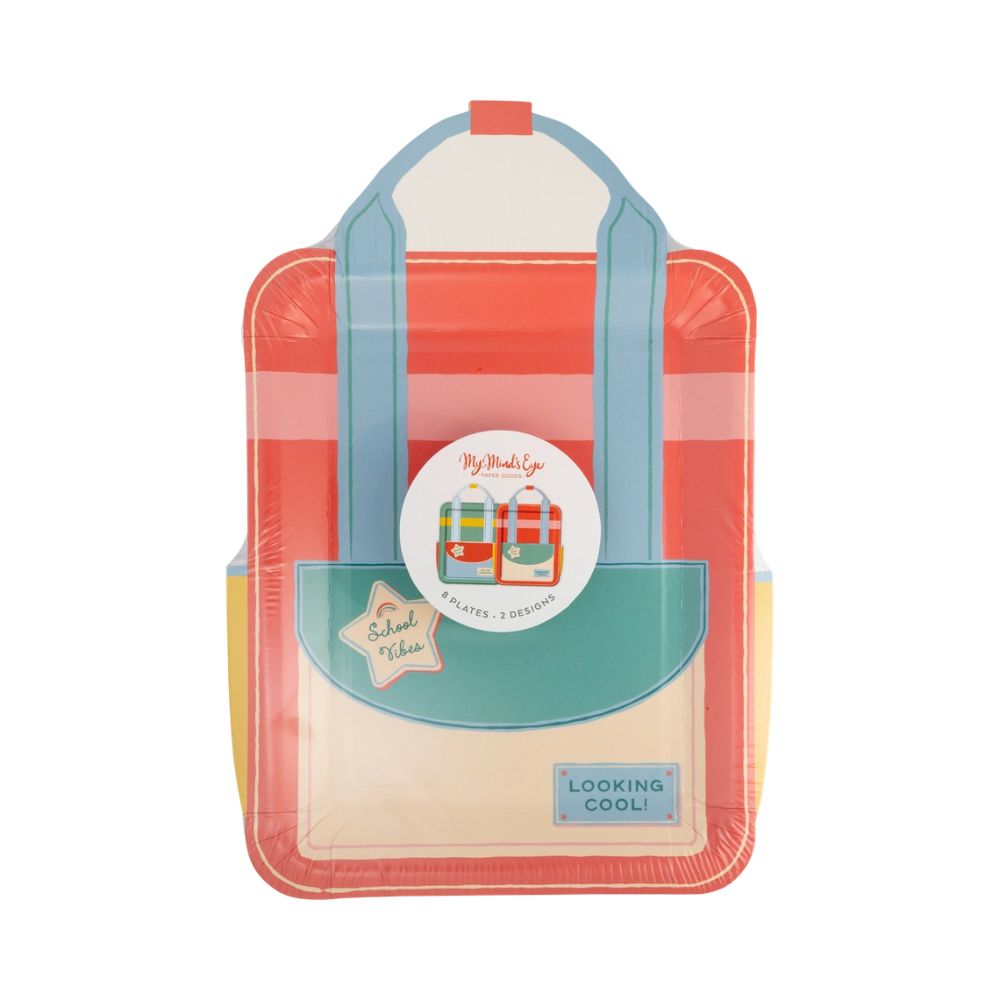 Packaged backpack shaped plates front view.