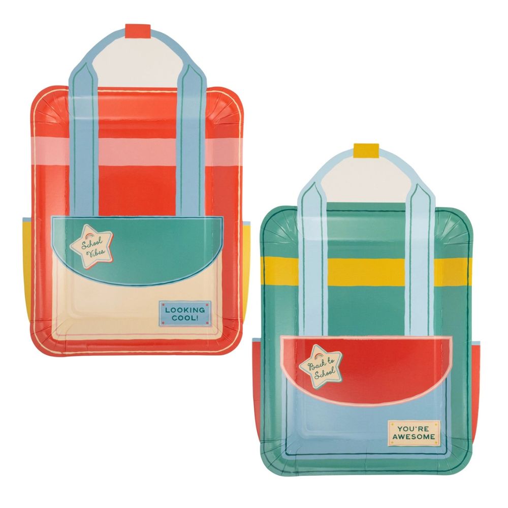 Backpack shaped paper plates in two colorful designs.