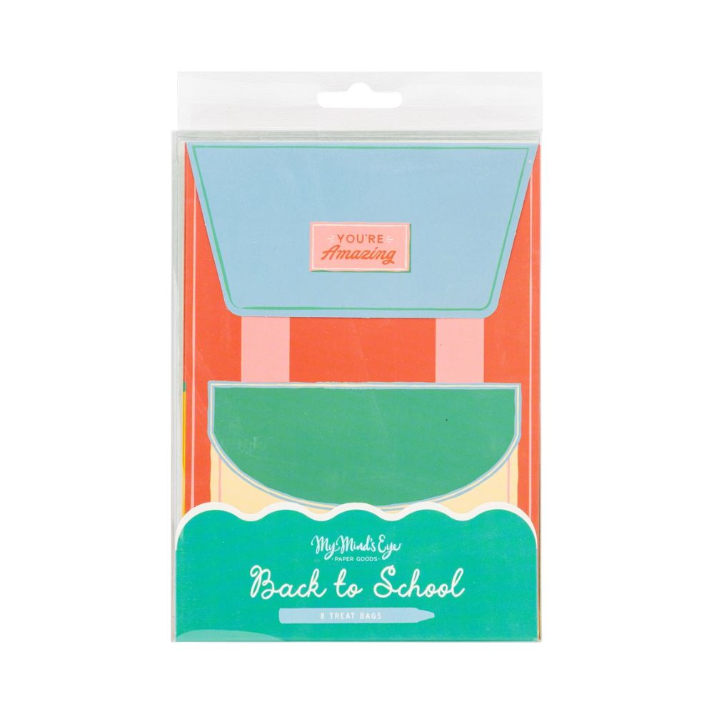 Packaged set of backpack-shaped treat bags with branding.