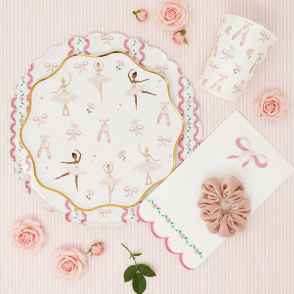 Scalloped bow napkin styled with a ballerina plate and velvet scrunchie
