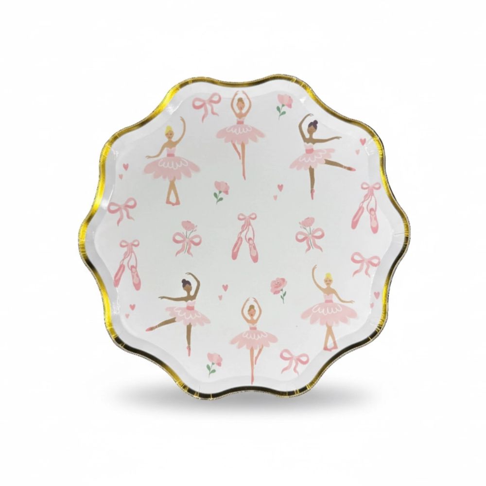 Single ballerina dessert plate with gold foil scalloped edge on white background