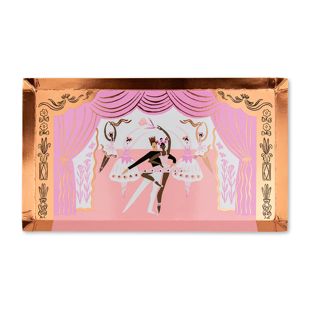 A single 11-inch stage-shaped paper plate featuring a hand-painted ballet performance illustration and rose gold foil border.