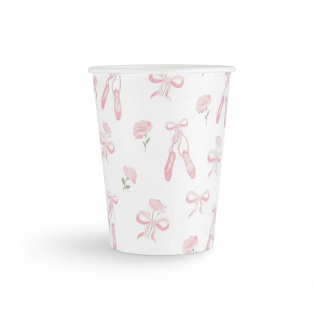 Single paper party cup with pink ballet shoes and floral pattern