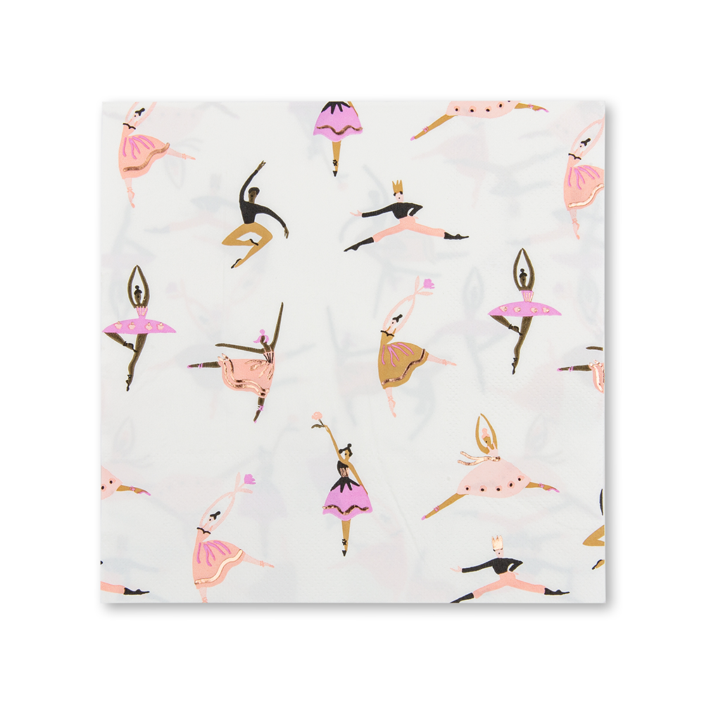 Close-up of a white paper napkin featuring a repeating pattern of illustrated ballet dancers in pink and purple tutus.