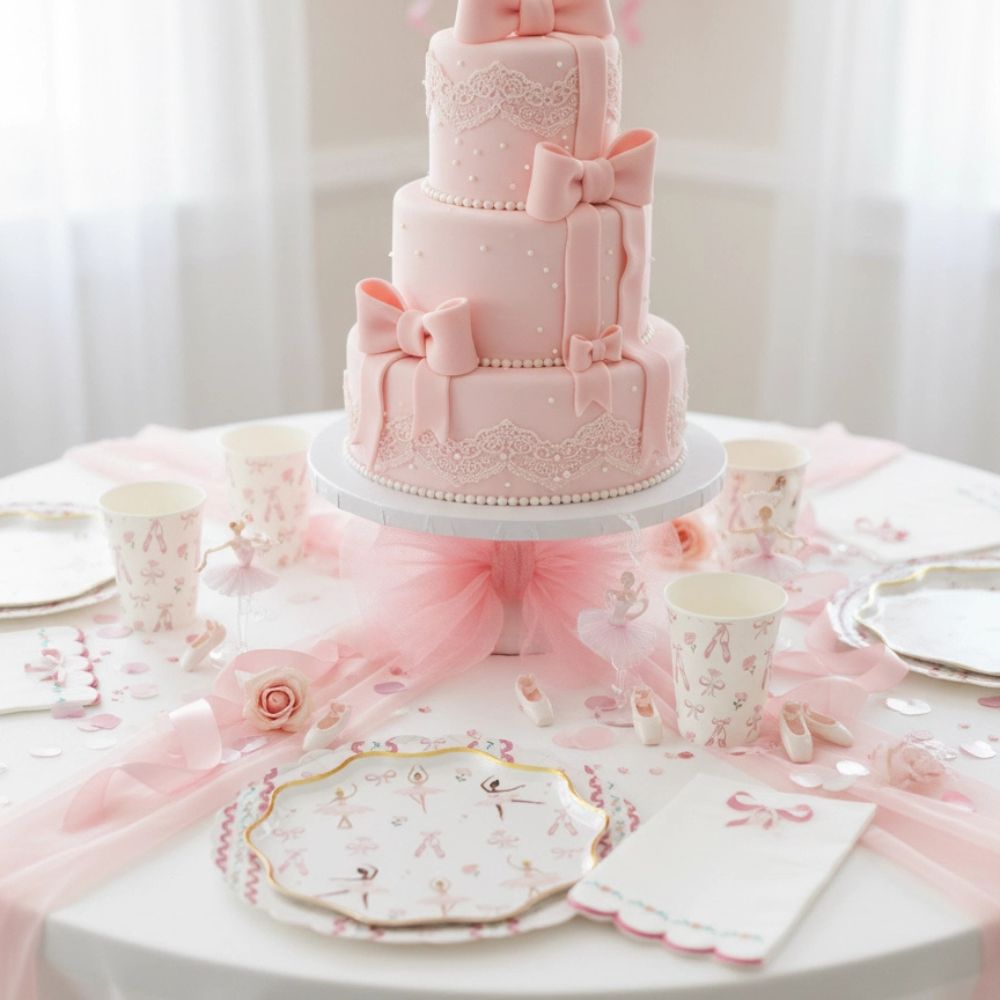 Full party table with a pink bow cake and ballerina cups