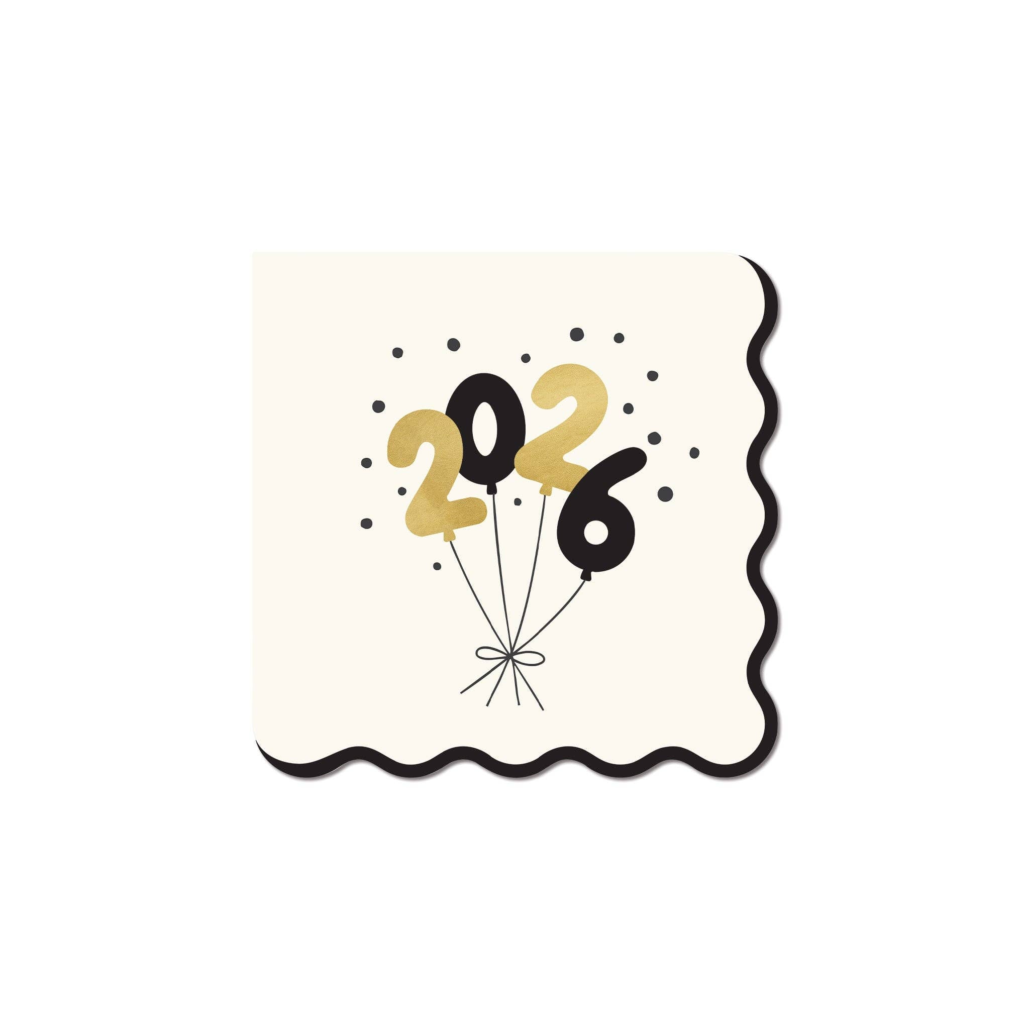 A cream scalloped cocktail napkin with a bundle of black and gold balloons spelling out the Gold Year 2026.