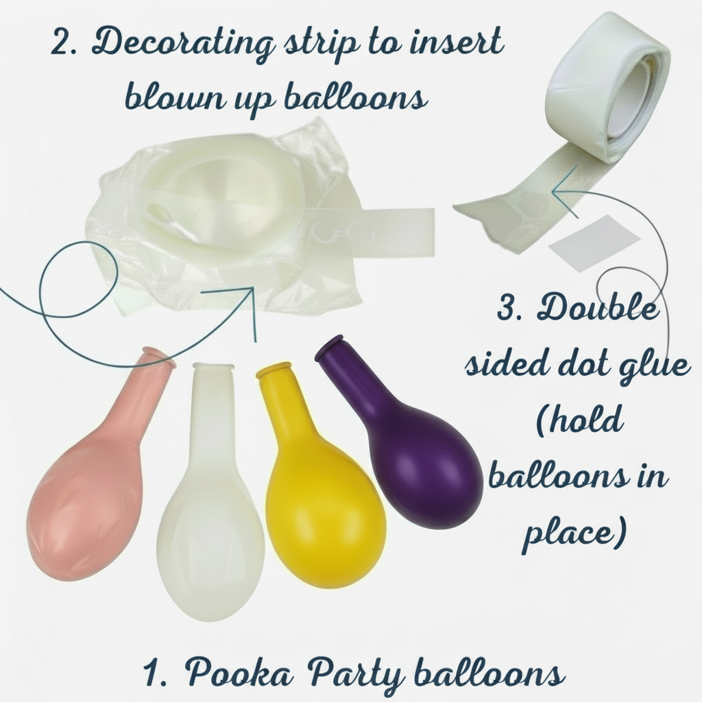Diagram showing Pooka Party balloons, decorating strip, and double-sided glue dots