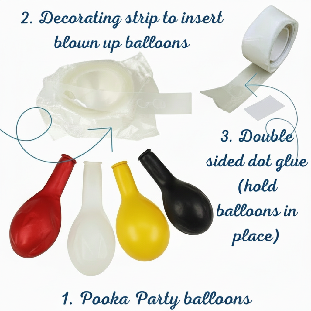 balloon garland kit diagram with included balloons strip and glue dots