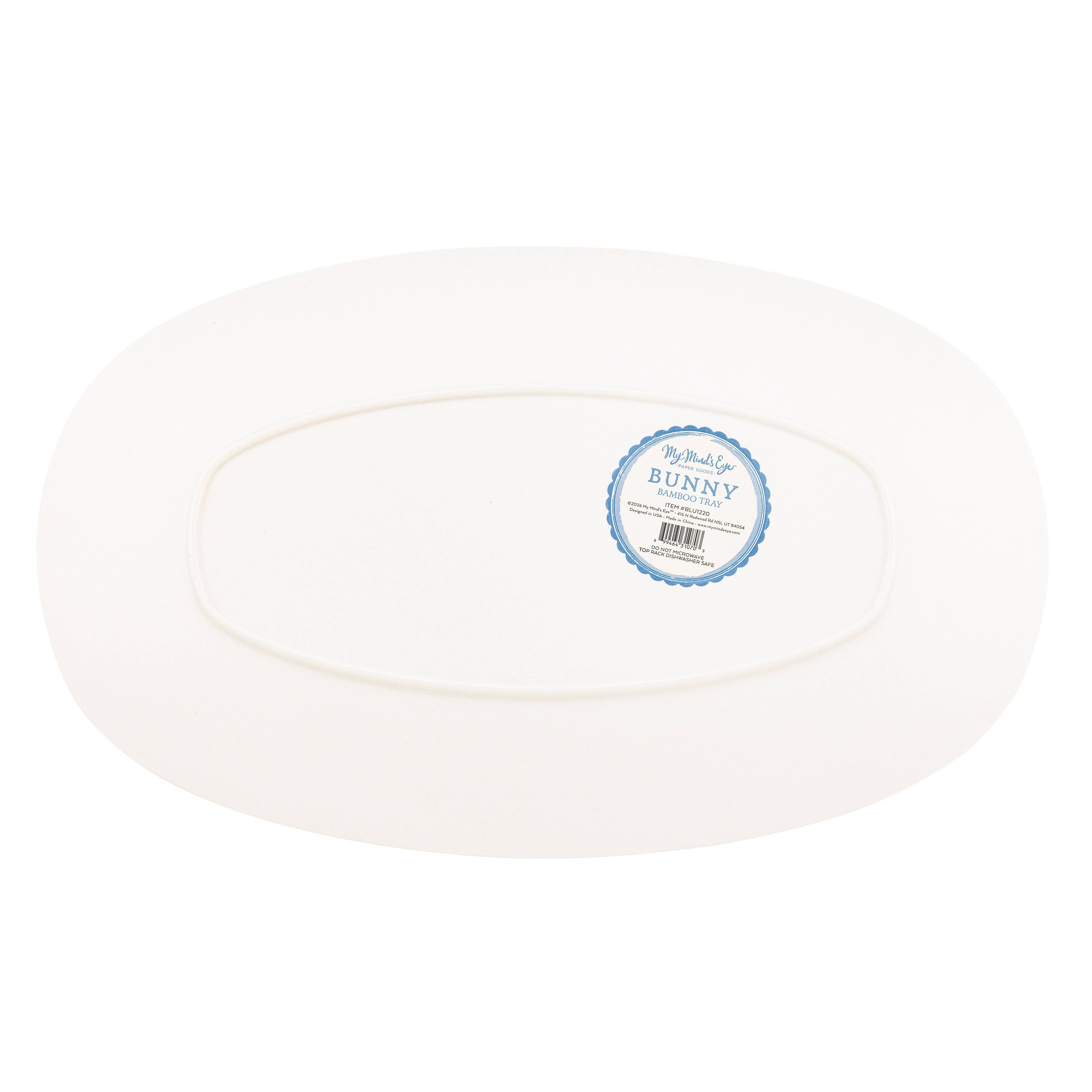 Back view of oval bamboo tray showing smooth underside and product label.