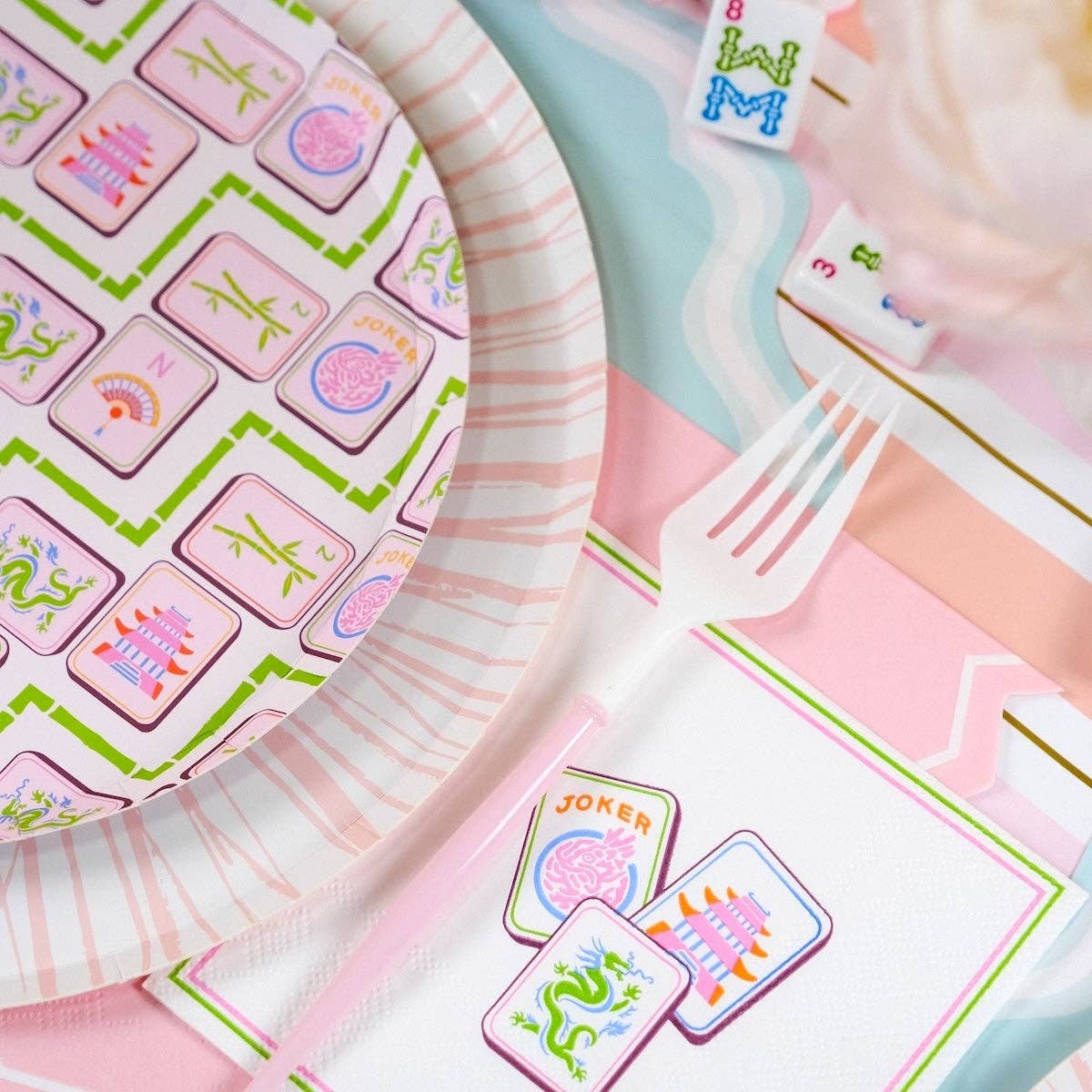 Tight detail on the green bamboo lattice framing the Mahjong Dessert Plates.