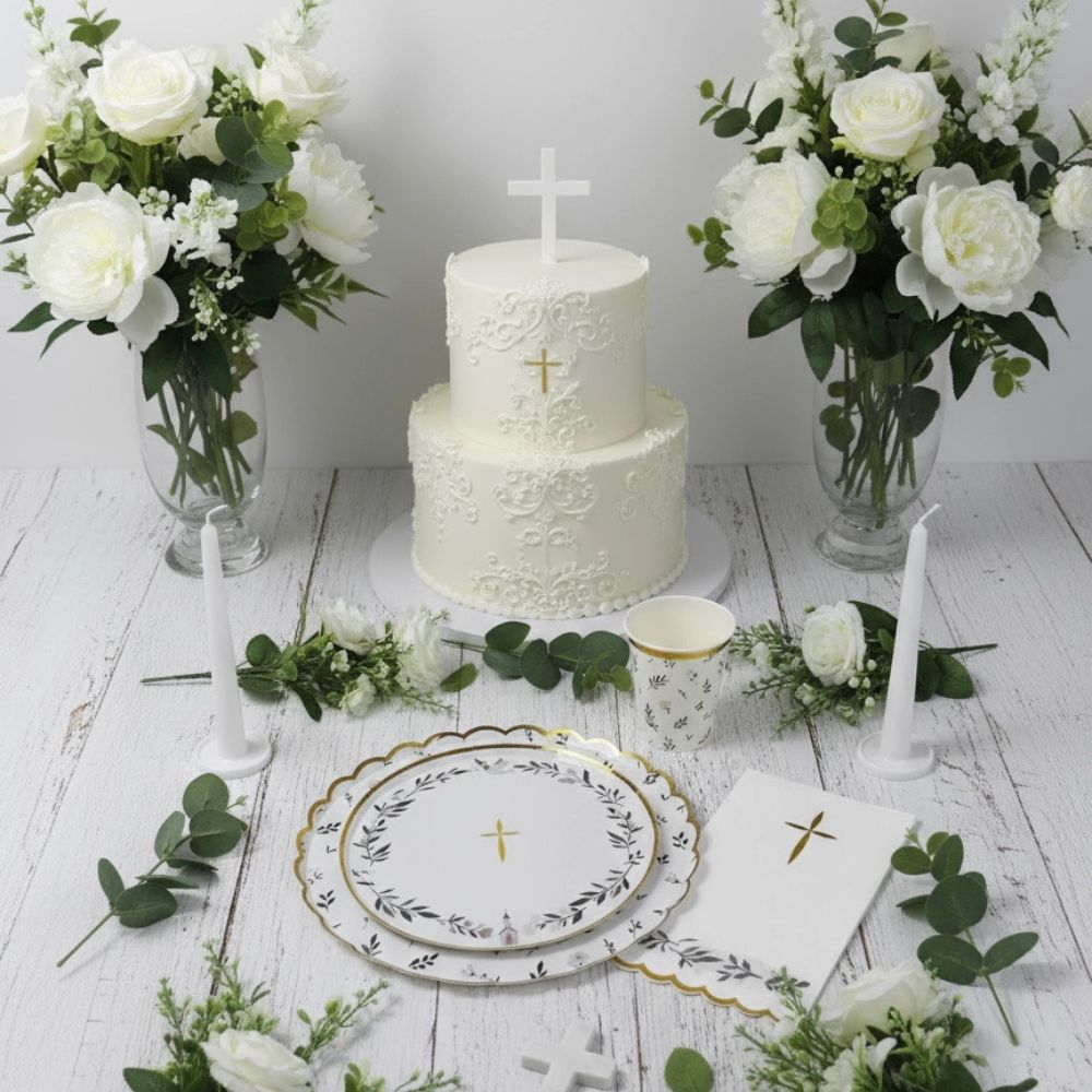 baptism cake table with eucalyptus plates and floral setup