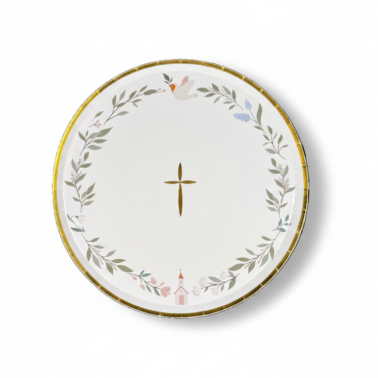 religious dessert plate with dove olive wreath and gold cross
