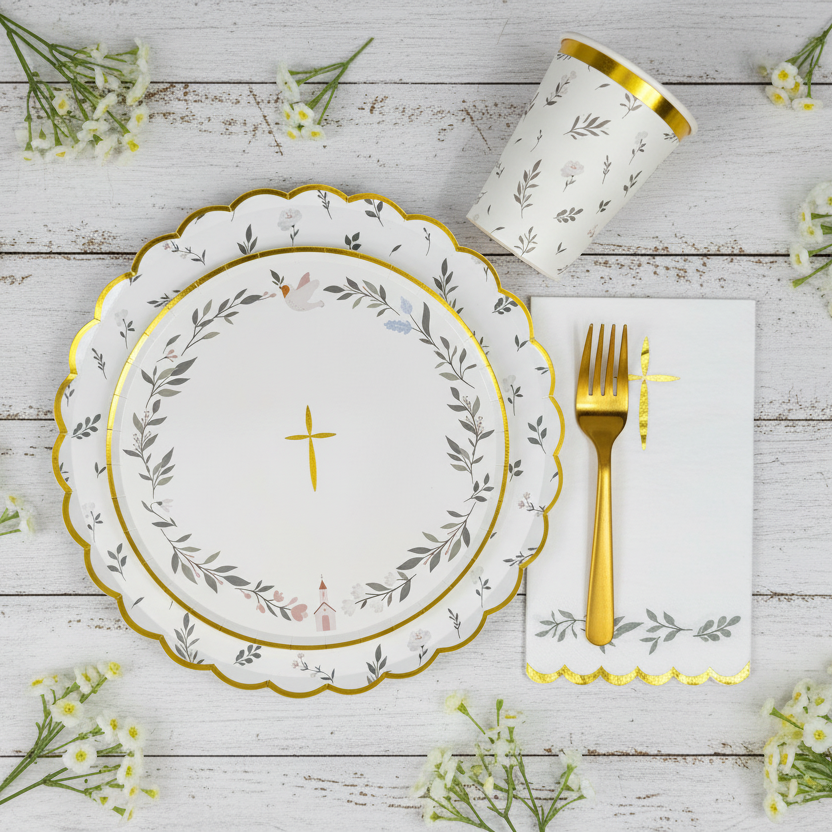 baptism table setting with eucalyptus plates and gold fork
