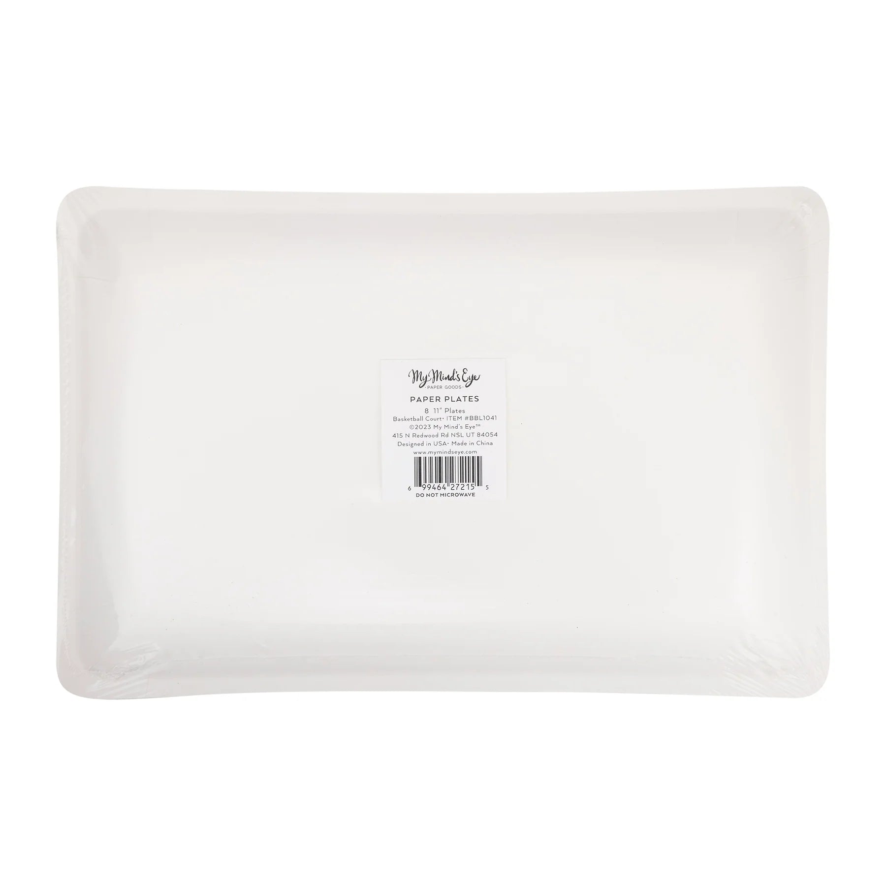 Back of package for rectangular basketball court paper plates with label.