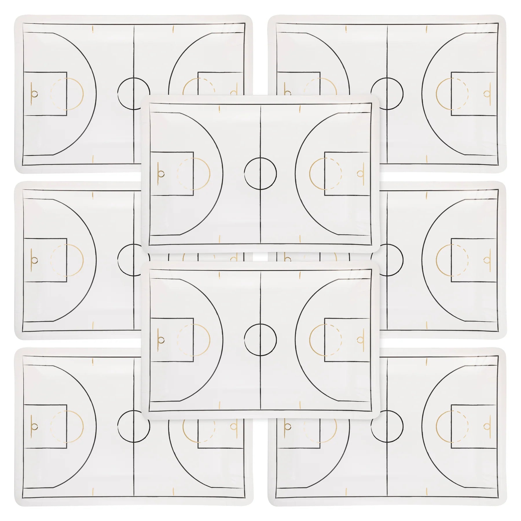 Set of eight basketball court plates arranged in a grid.