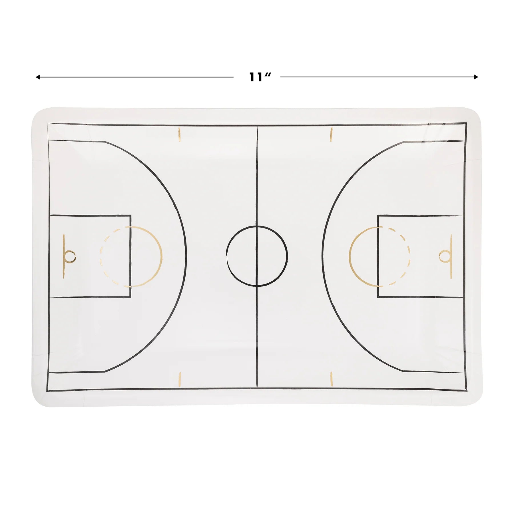 Single plate showing 11-inch width with court artwork and gold accents.