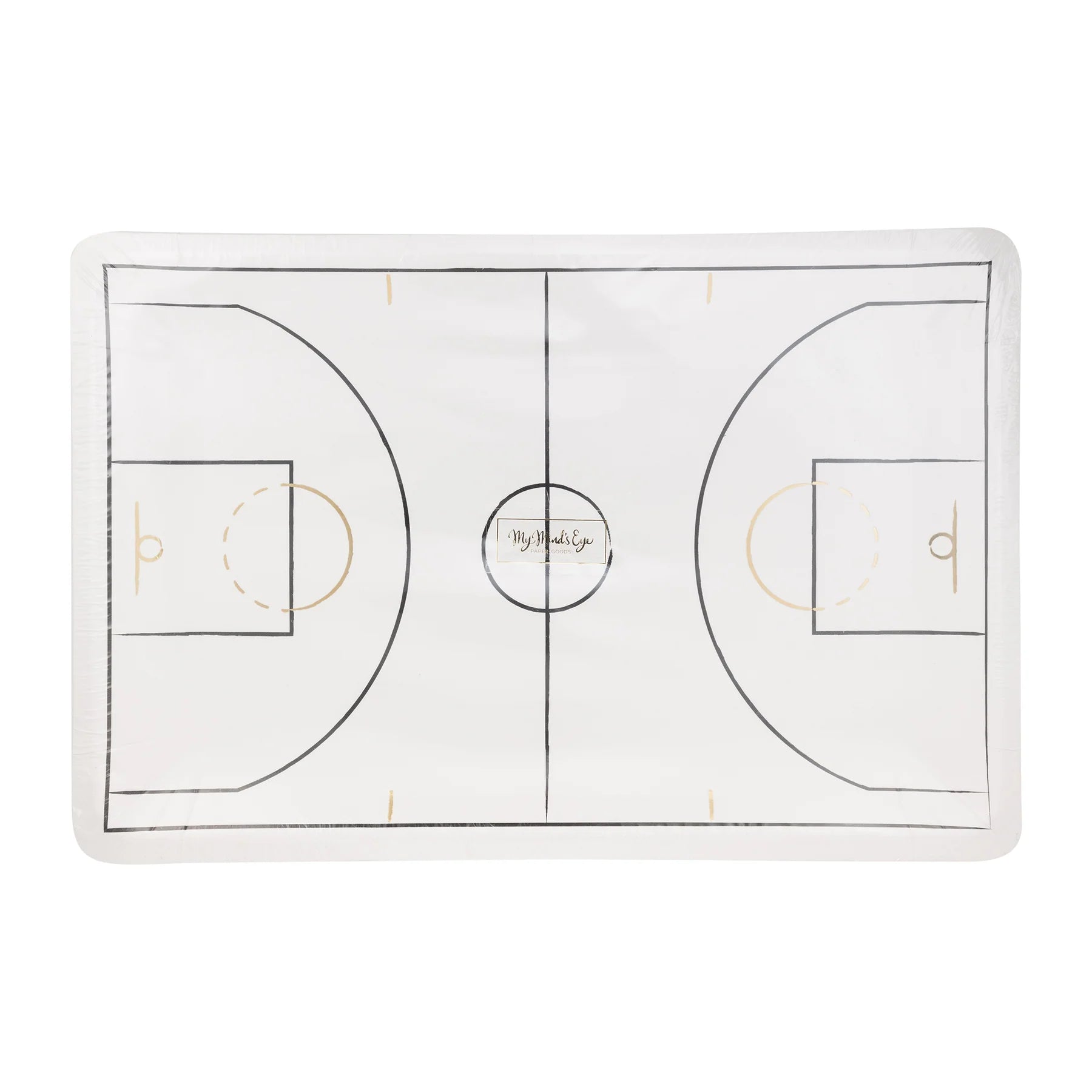 Front of package featuring basketball court design on rectangular plates.