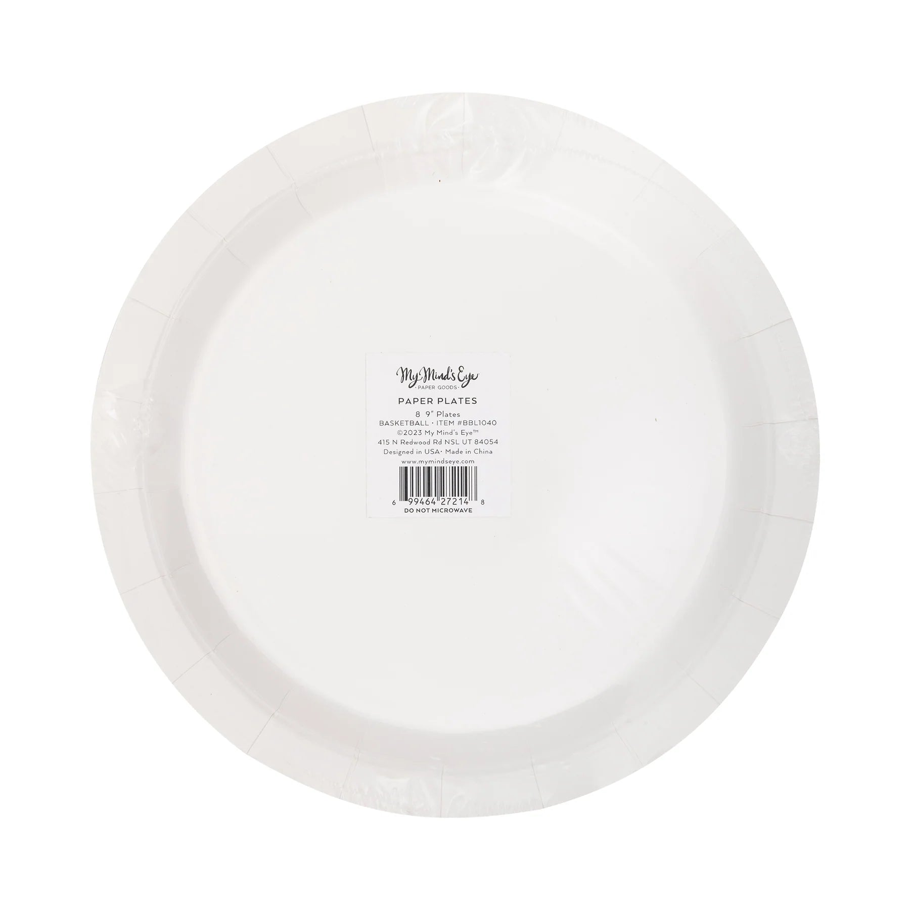 Back of package for 9-inch basketball paper plates—8 count.