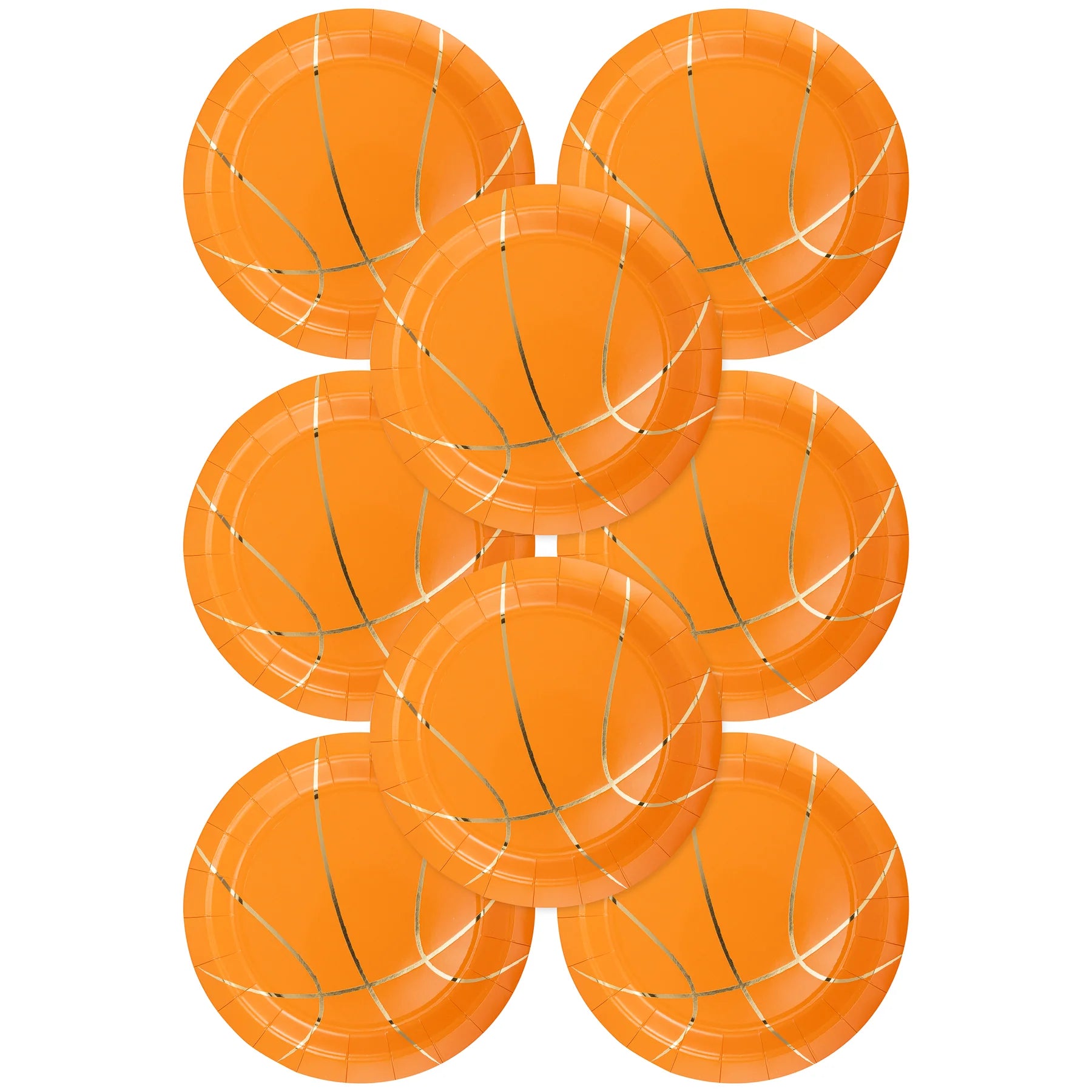 Set of orange basketball paper plates with gold seams—game day basketball party supplies.